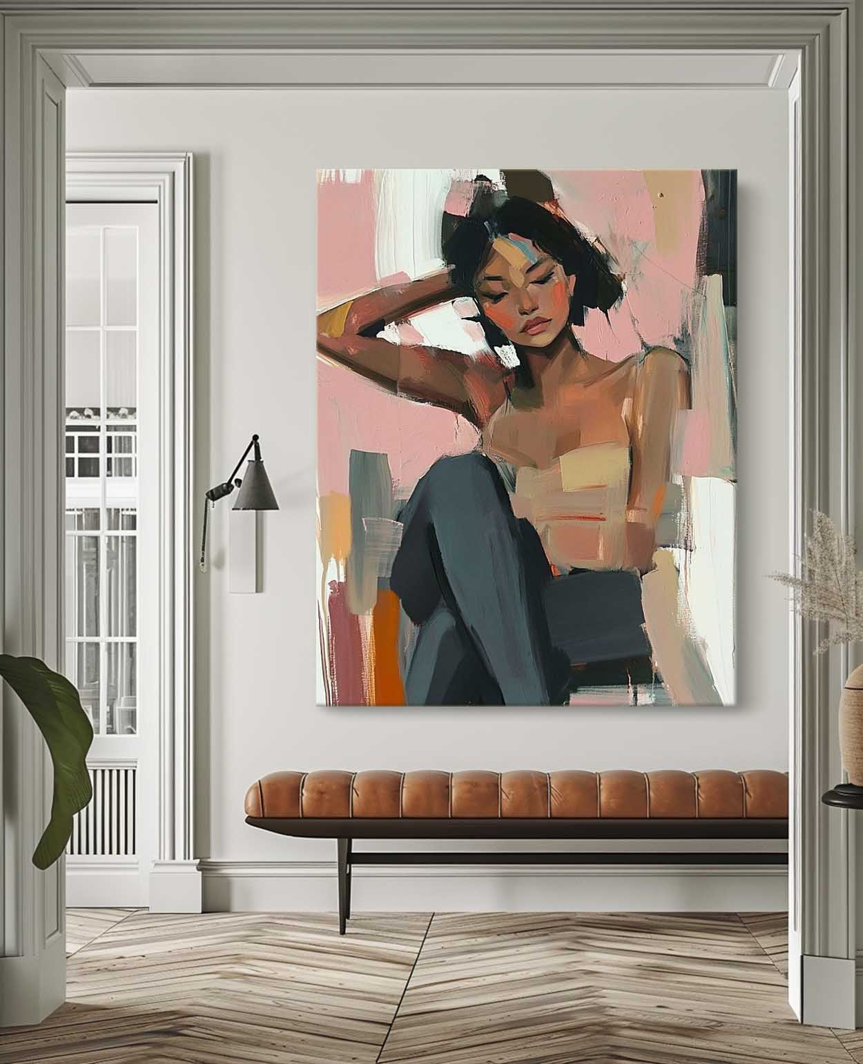 Large Lovely Girl Acrylic Painting Abstract Lady Artwork Original Woman Wall Art Framed For Living Room