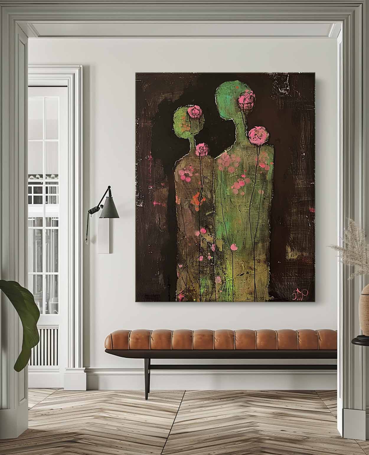 Original Colorful Silhouettes Wall Art Dark Brown Large Flower Figure Painting Abstract Artwork Home Decor