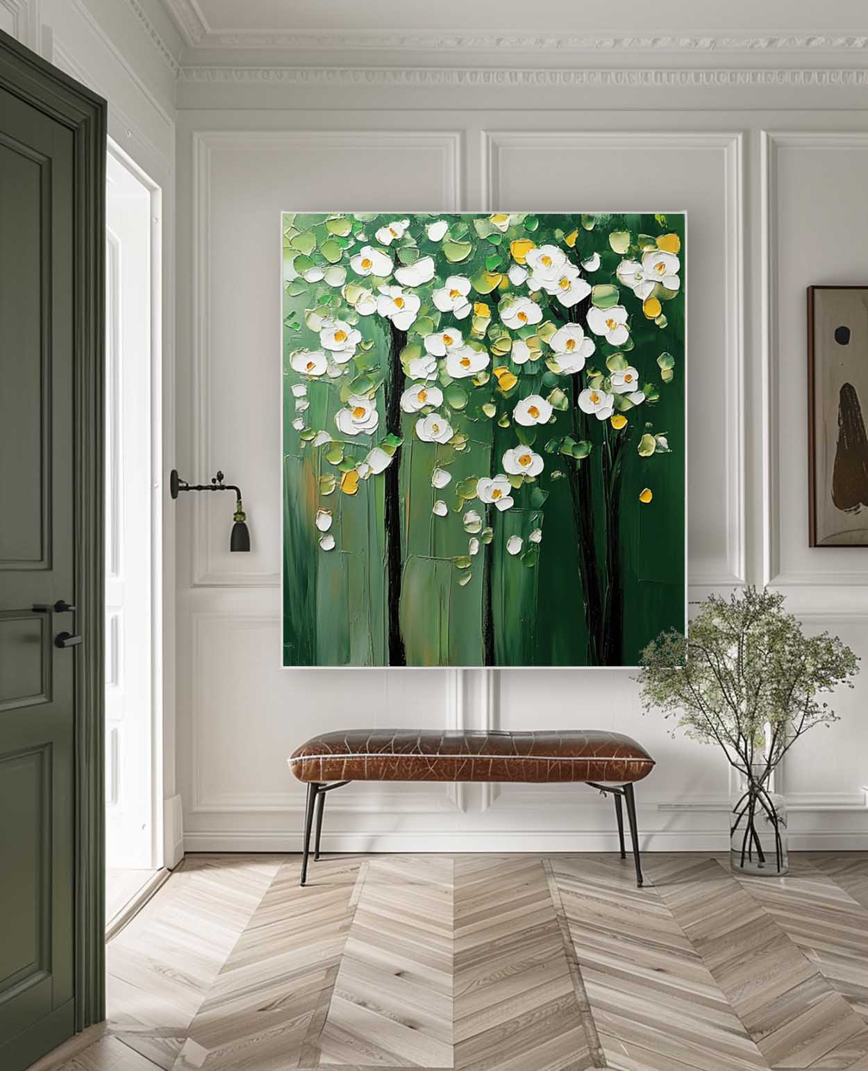 Modern White Floral Wall Art Original Green Beautifu Art Large Textured Flower Painting Framed Home Decor