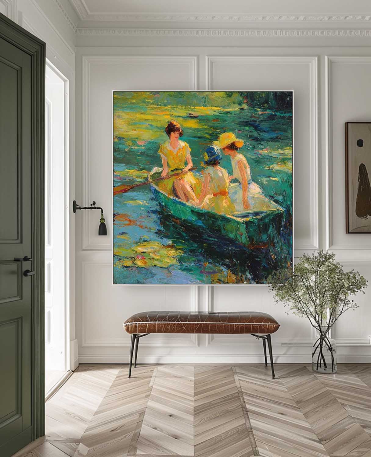 Hand-Painted Art Ladies In Vintage Yellow Dresses Boating On Lily Pond Impressionist Scene Home Wall Decor