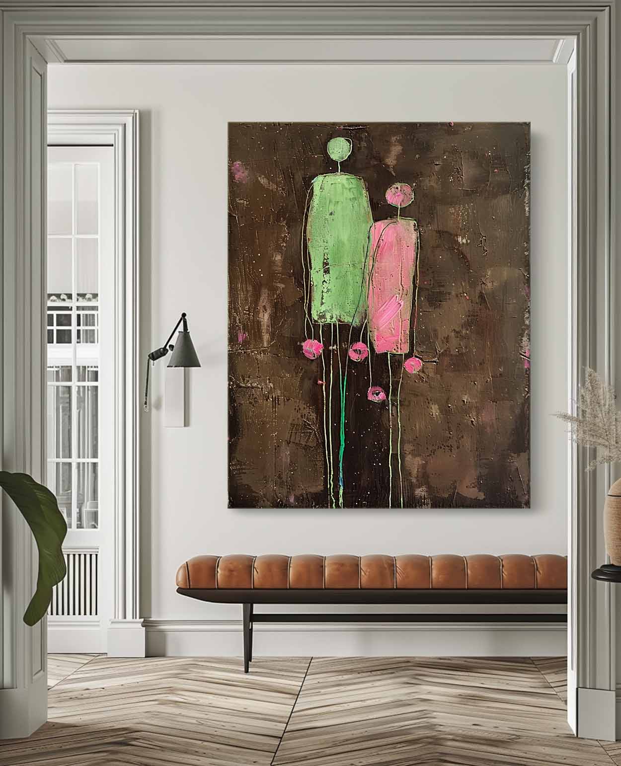 Dark Brown Large Flower Figure Painting Original Green Silhouettes Wall Art Abstract Artwork Framed