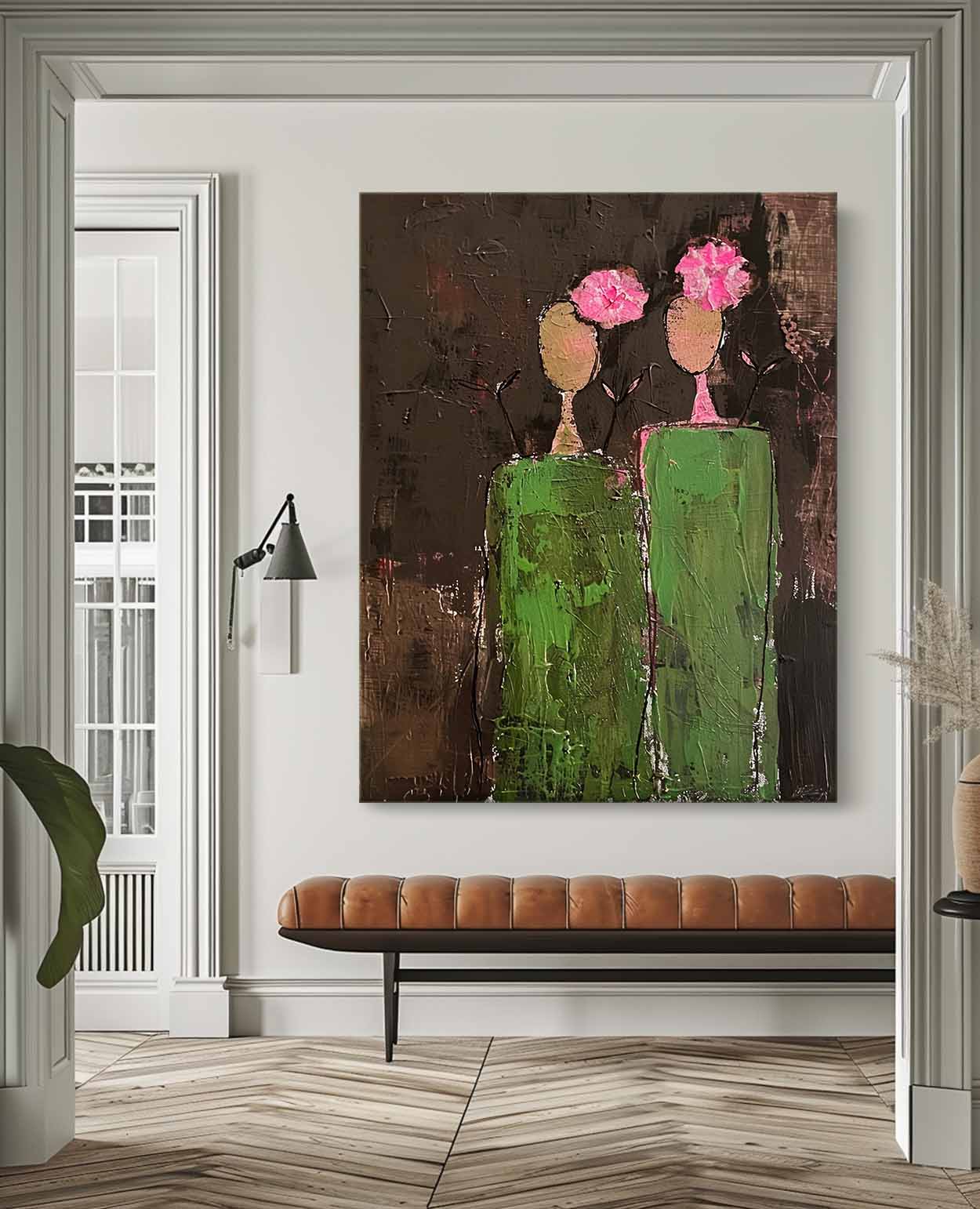 Dark Brown Large Flower Figure Painting Original Green Silhouettes Wall Art Abstract Artwork Home Decor