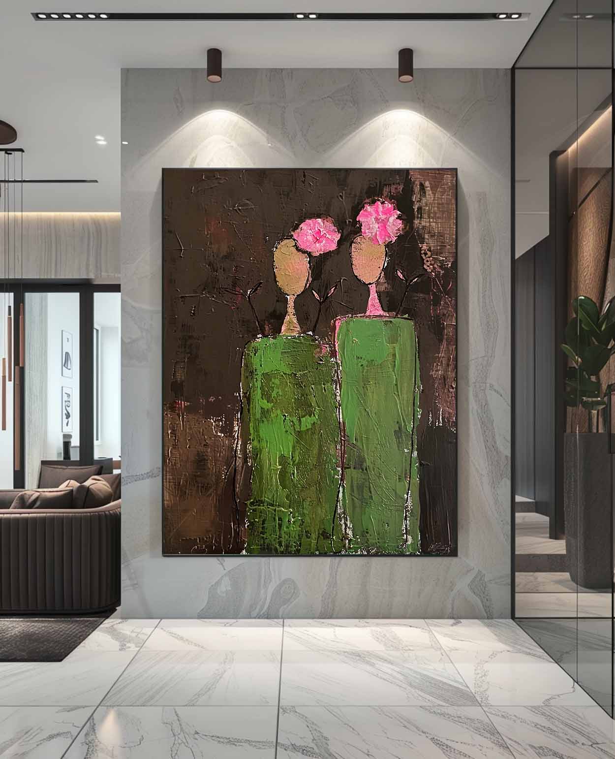 Dark Brown Large Flower Figure Painting Original Green Silhouettes Wall Art Abstract Artwork Home Decor