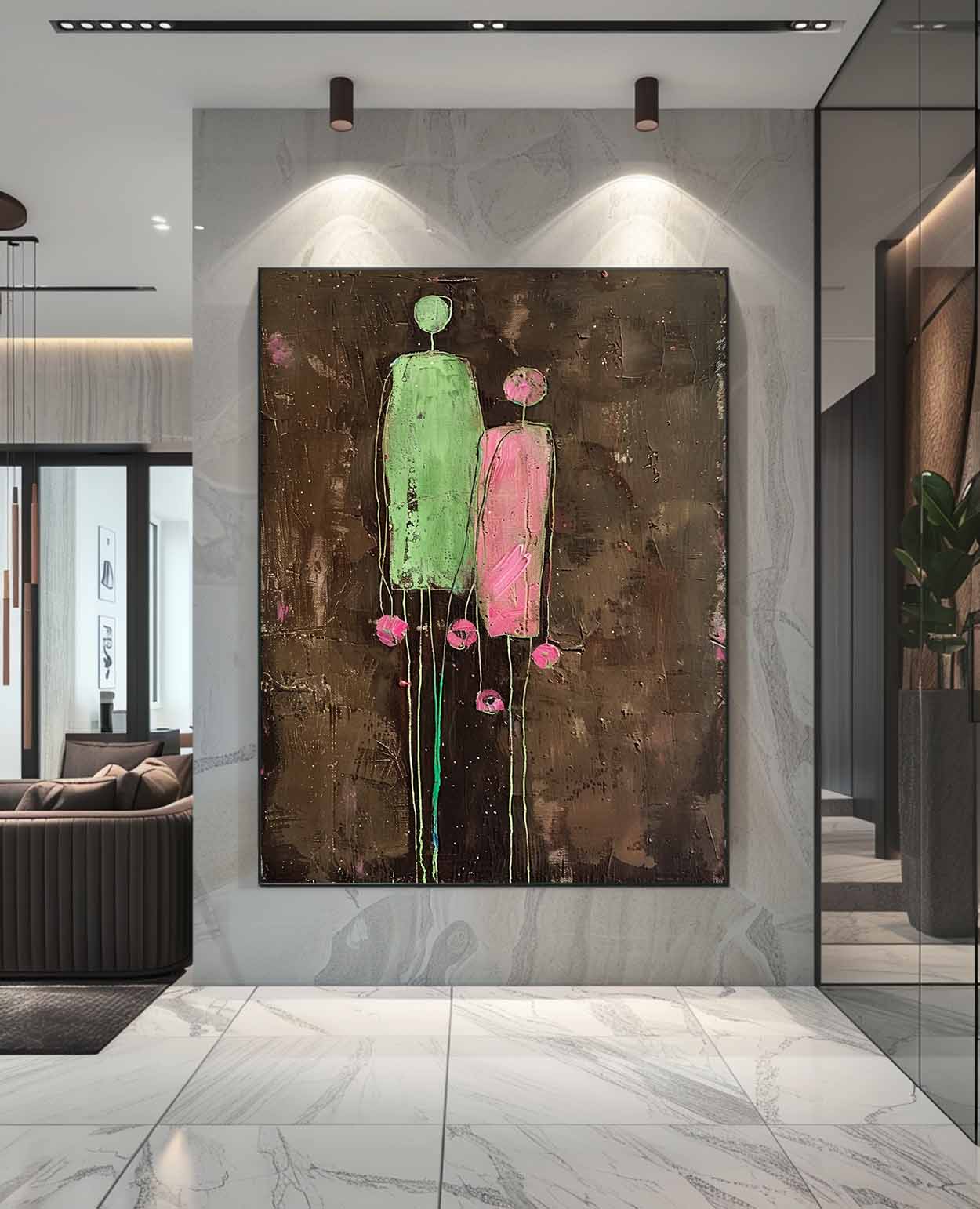 Dark Brown Large Flower Figure Painting Original Green Silhouettes Wall Art Abstract Artwork Framed