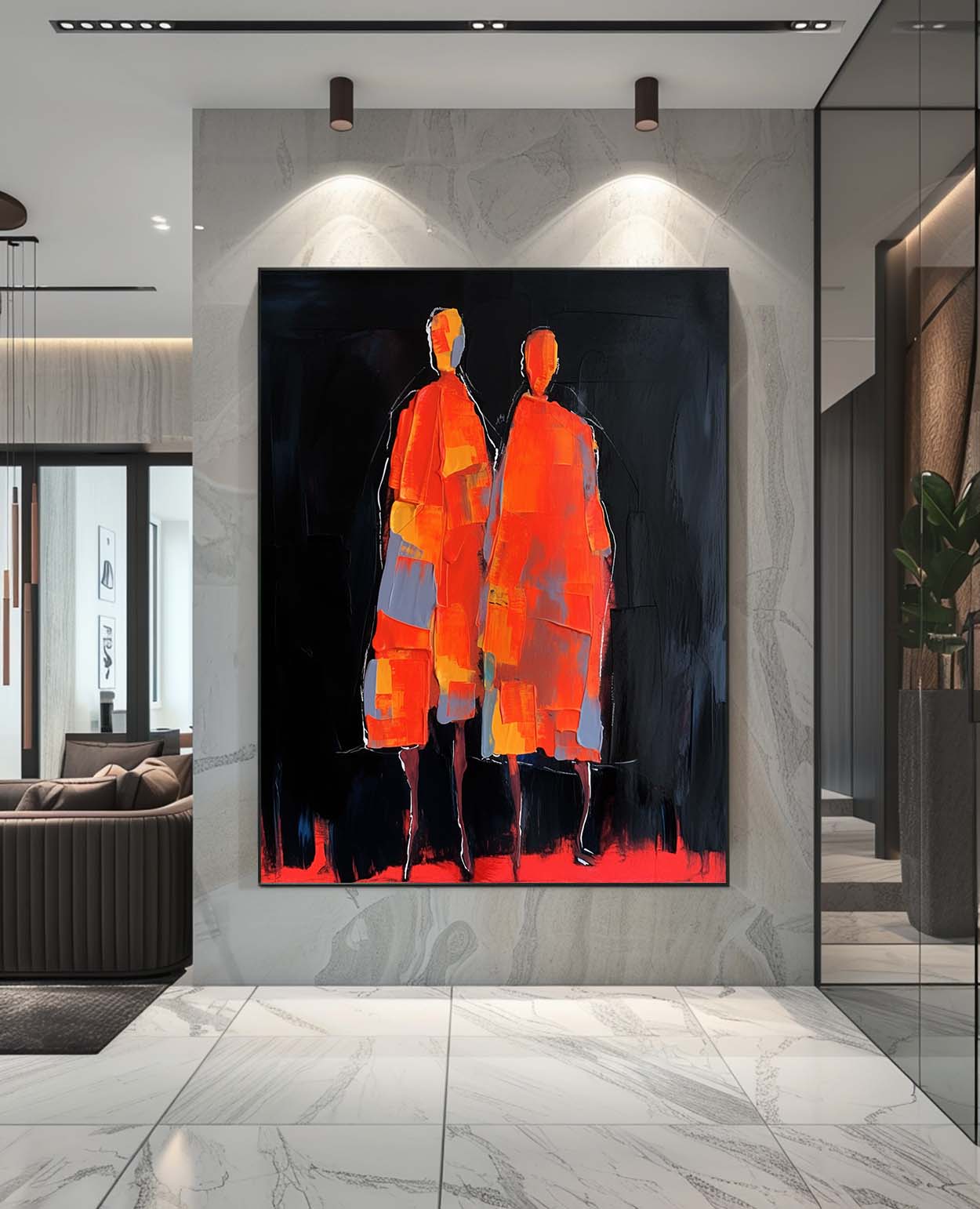 Big Contour Acrylic Painting Warm Color Original Abstract Wall Art Character Outline Painting Framed Artwork