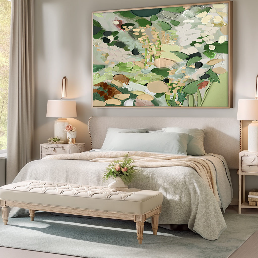 Horizontal Flower Texture Artwork Original Abstract Green Leaves Oil Painting On Canvas Home Decor Gift
