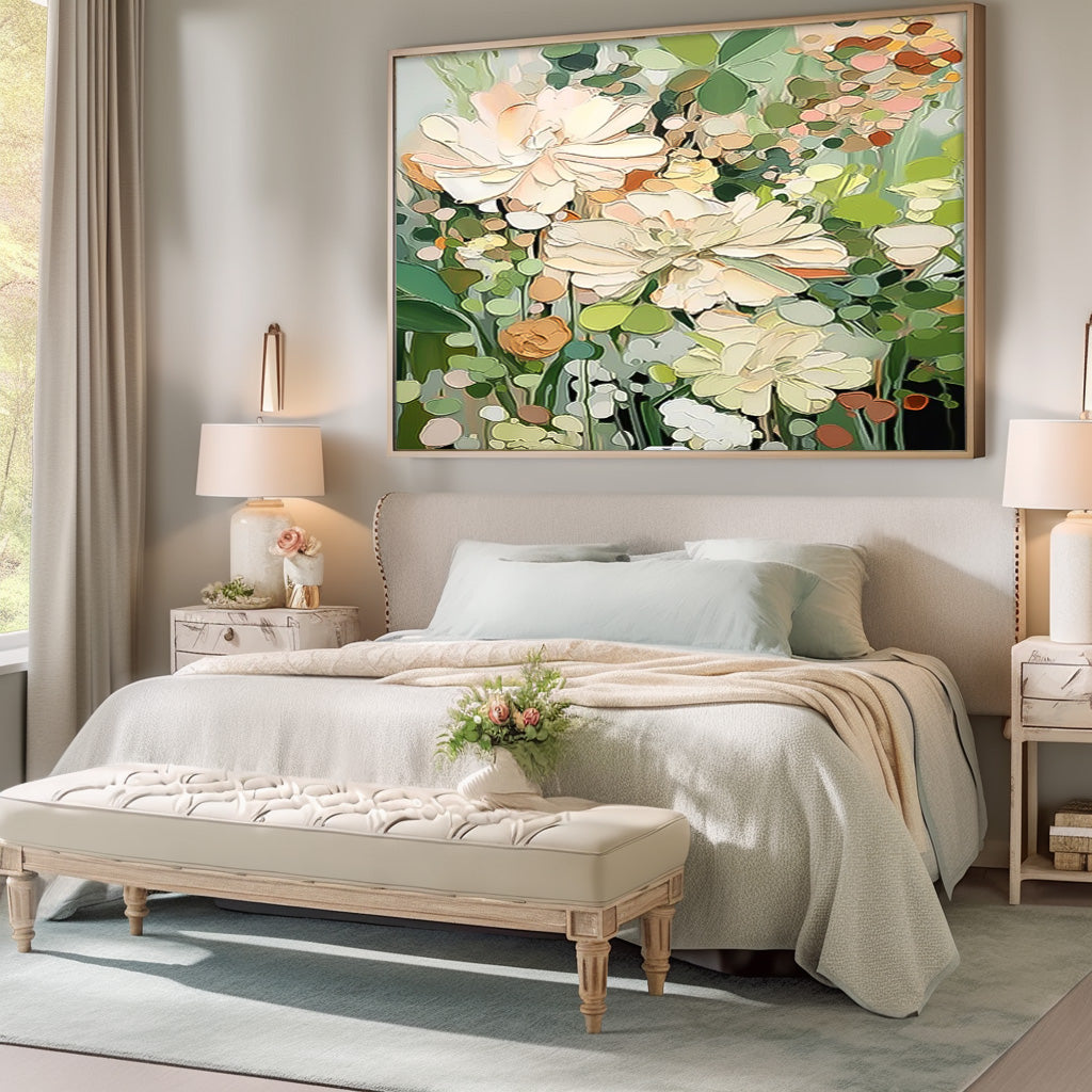 Big Flower Texture Artwork Original Abstract Green Leaves Oil Painting On Canvas Home Decor Gift