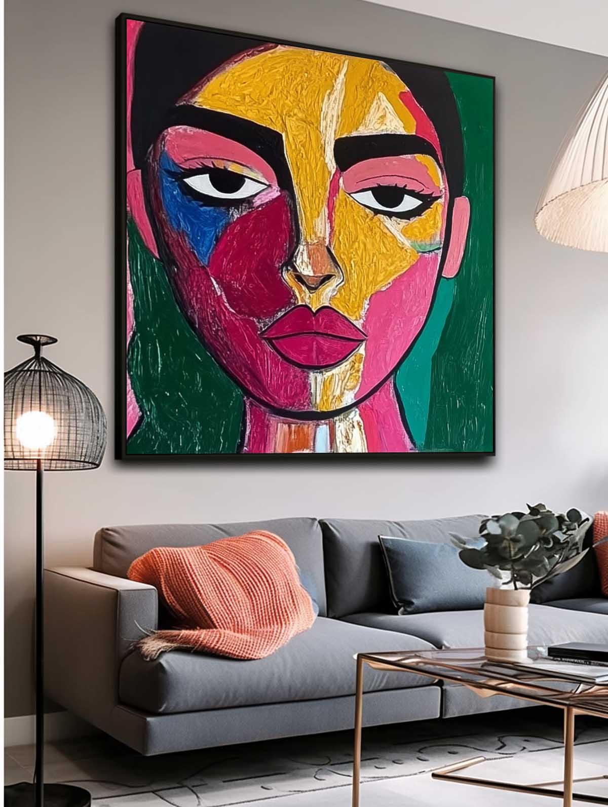 Origina Figure Acrylic Painting Canvas Colorful Face Abstract Wall Art Square Large Portrait Artwork