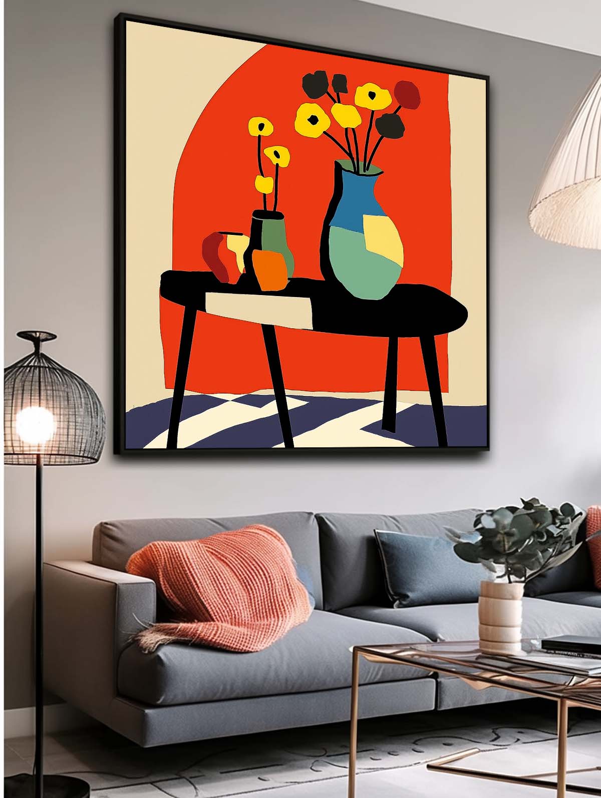 Square Contemporary Bright Paintings Wall Art Large Realism Flowers Painting Beautiful Vase Artwork
