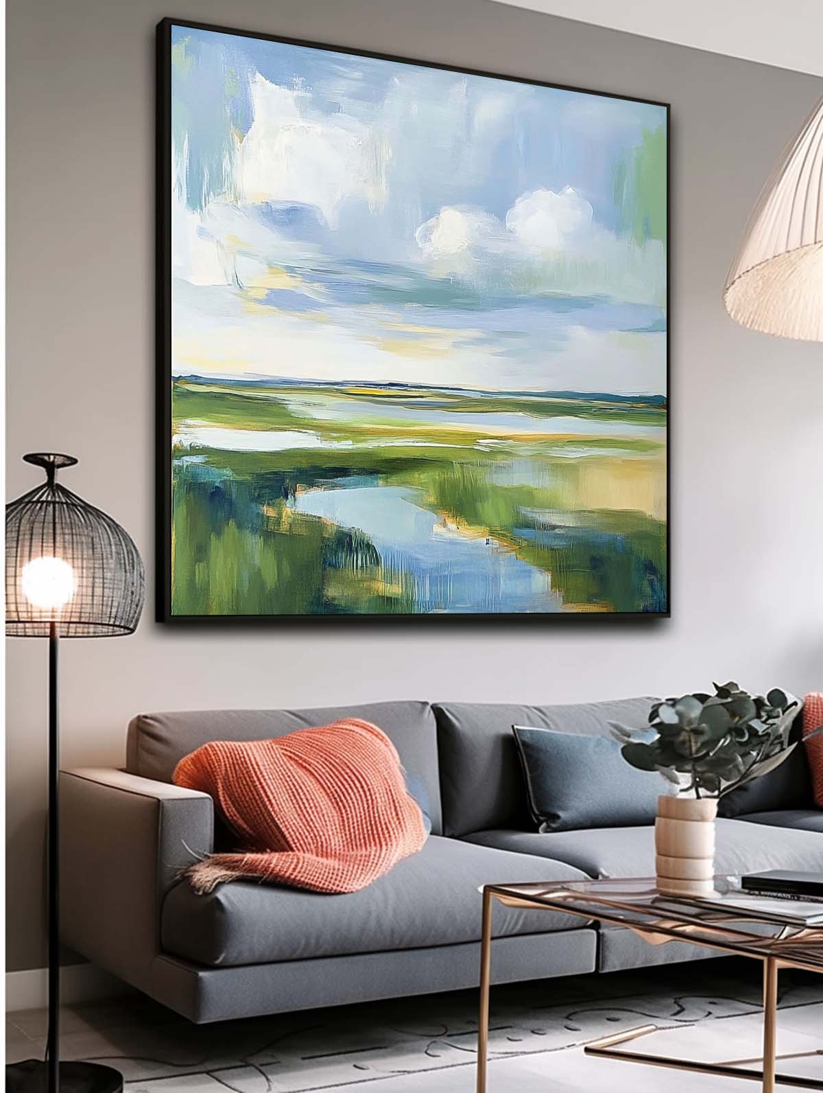 Large Blue Texture Wall Art Framed Abstract Lake Landscape Oil Painting Green Countryside Landscape Artwork