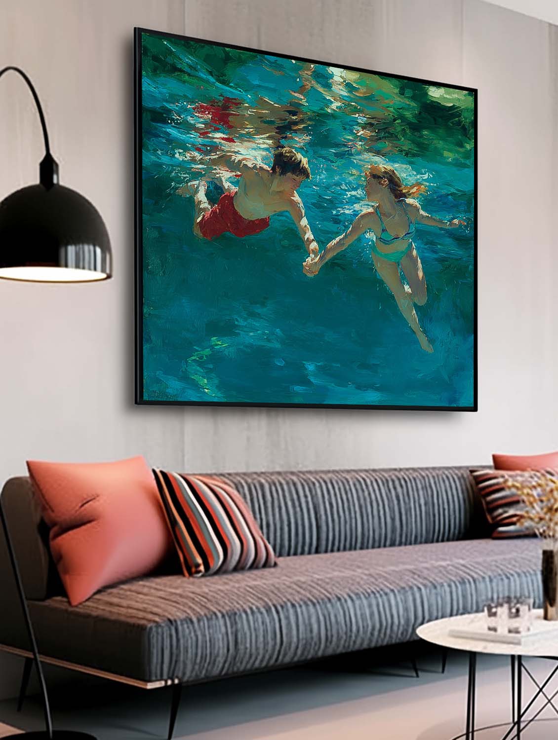 Two People Artwork Square Diving In Ocean Acrylic Painting Original swimming Wall Art For Living Room