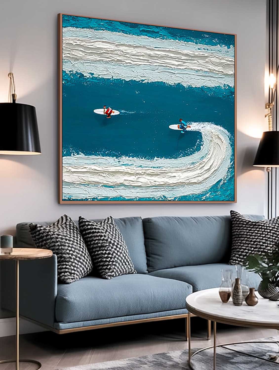 Square Abstract Surfer Landscape Blue Ocean Wall Art Minimalist Surfing Art Contemporary Ocean Painting