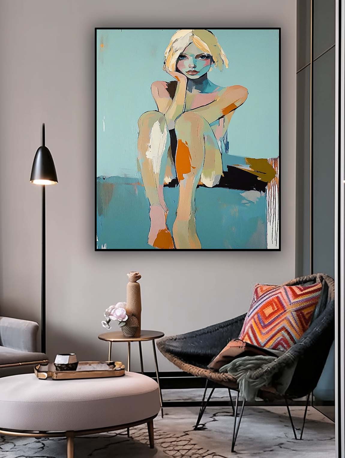 Large Girl Portrait Painting Abstract Lady Painting Woman Artwork Original Wall Art Framed Home Decor