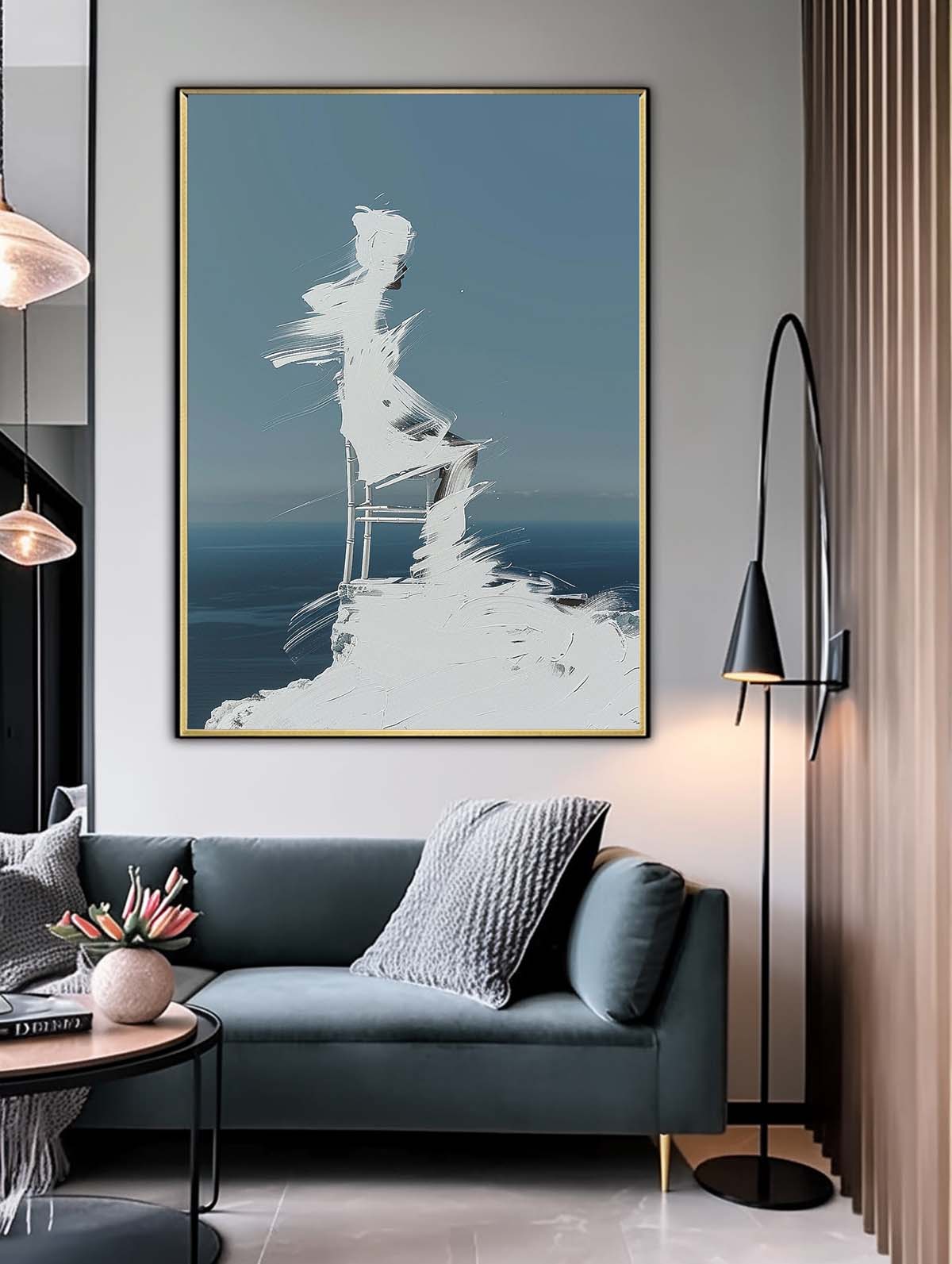 Original Abstract Wall Art Figure shadow Painting Cool Tones Large Outline Acrylic Painting Framed Artwork