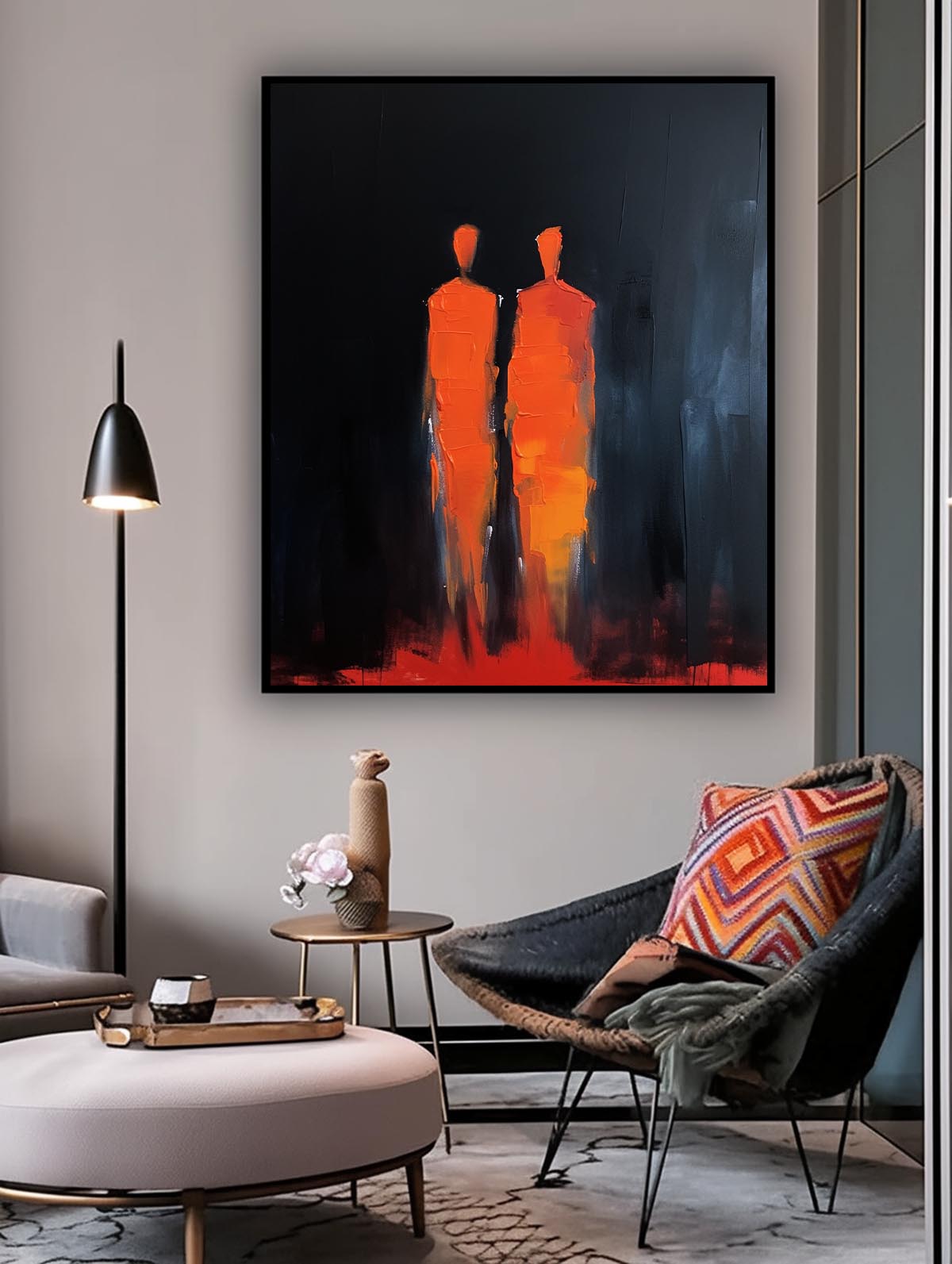 Warm Color Original Abstract Wall Art Big Contour Acrylic Painting Character Outline Painting Framed Artwork