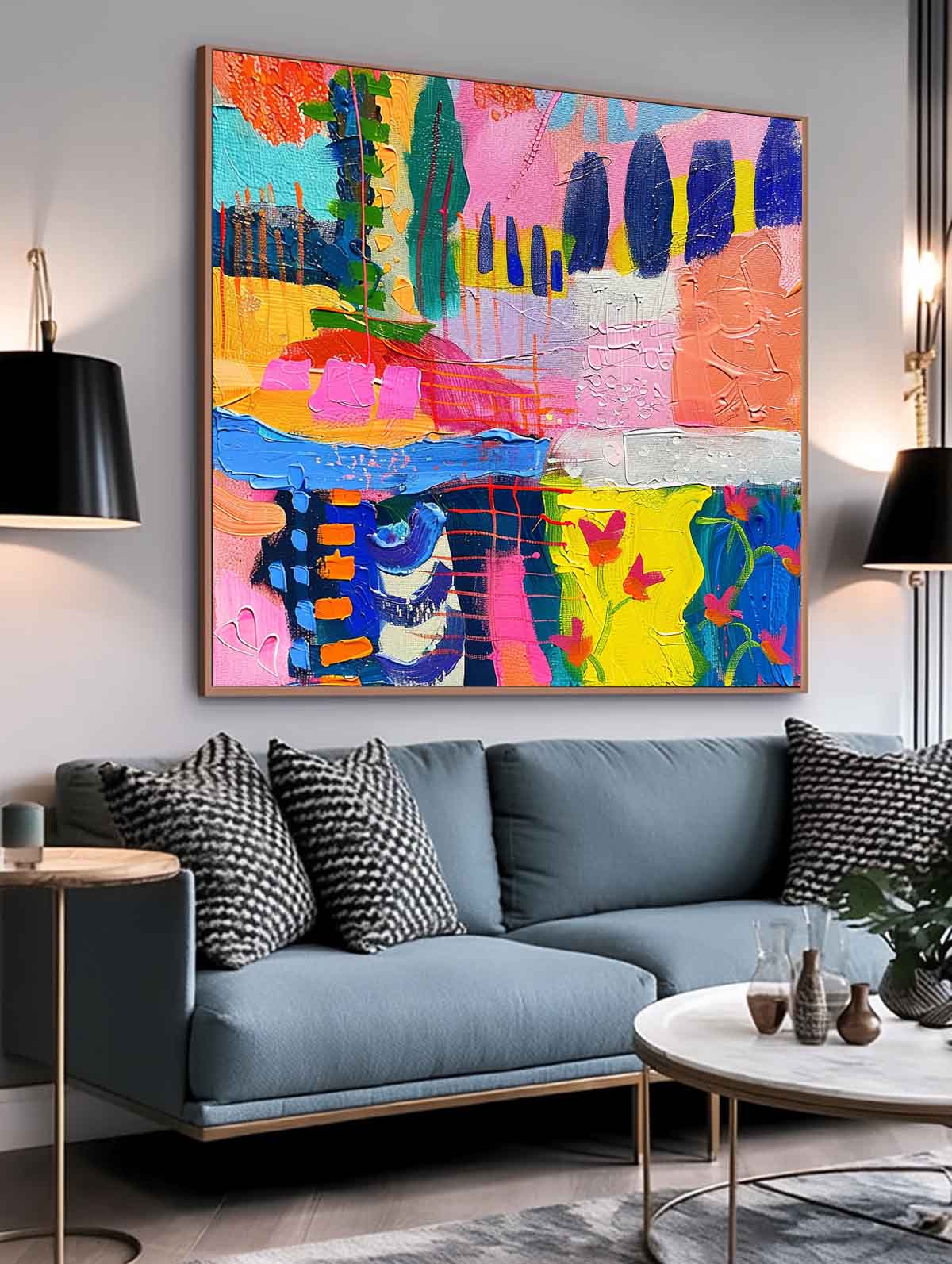 Modern Textured Artwork Colorful Original Square Canvas Wall Art Large Graffiti Abstract Oil Painting