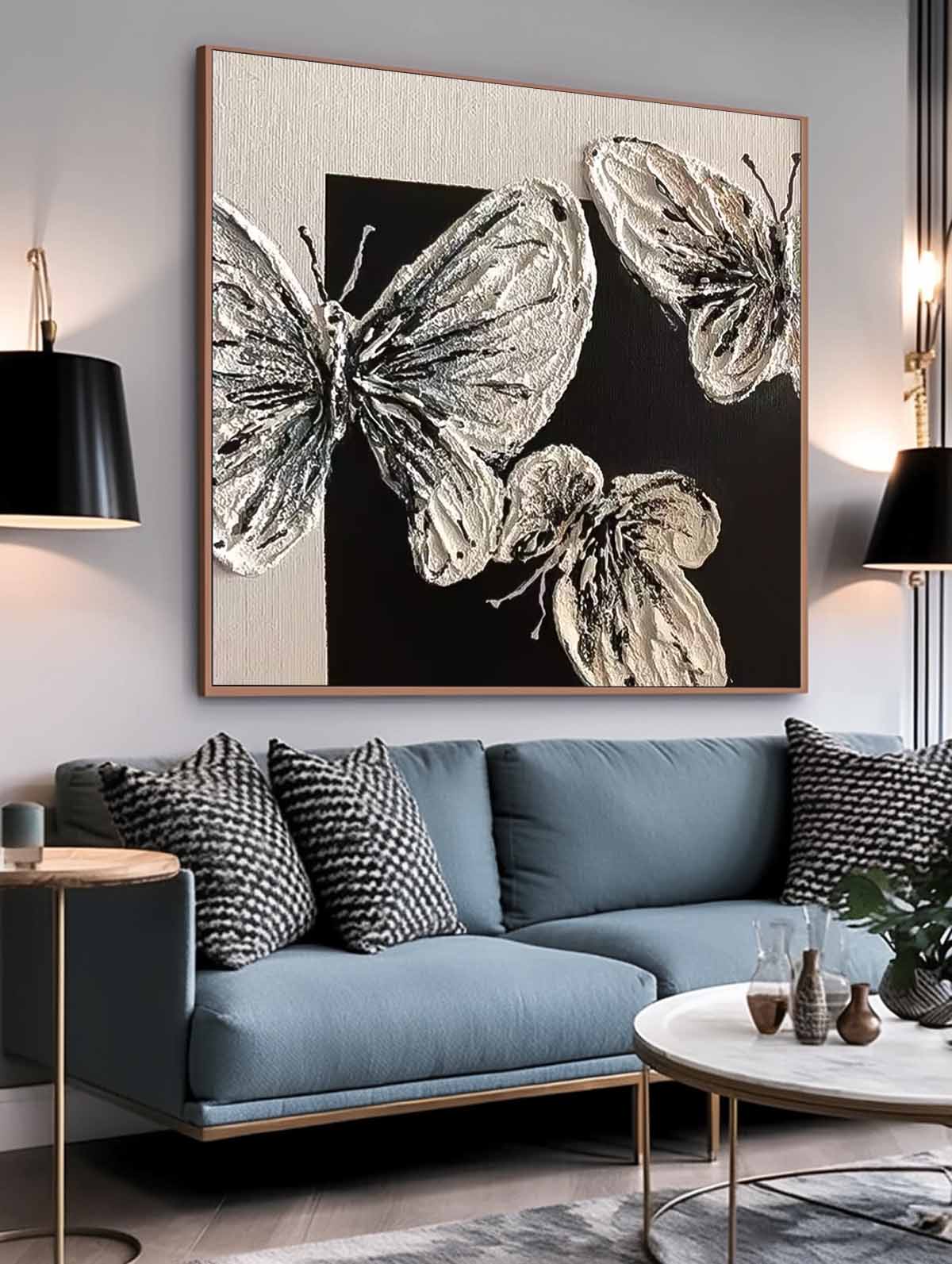 Modern Minimalist Black And White Butterfly Oil Painting Canvas Original Butterfly Wall Art Large Animal Artwork