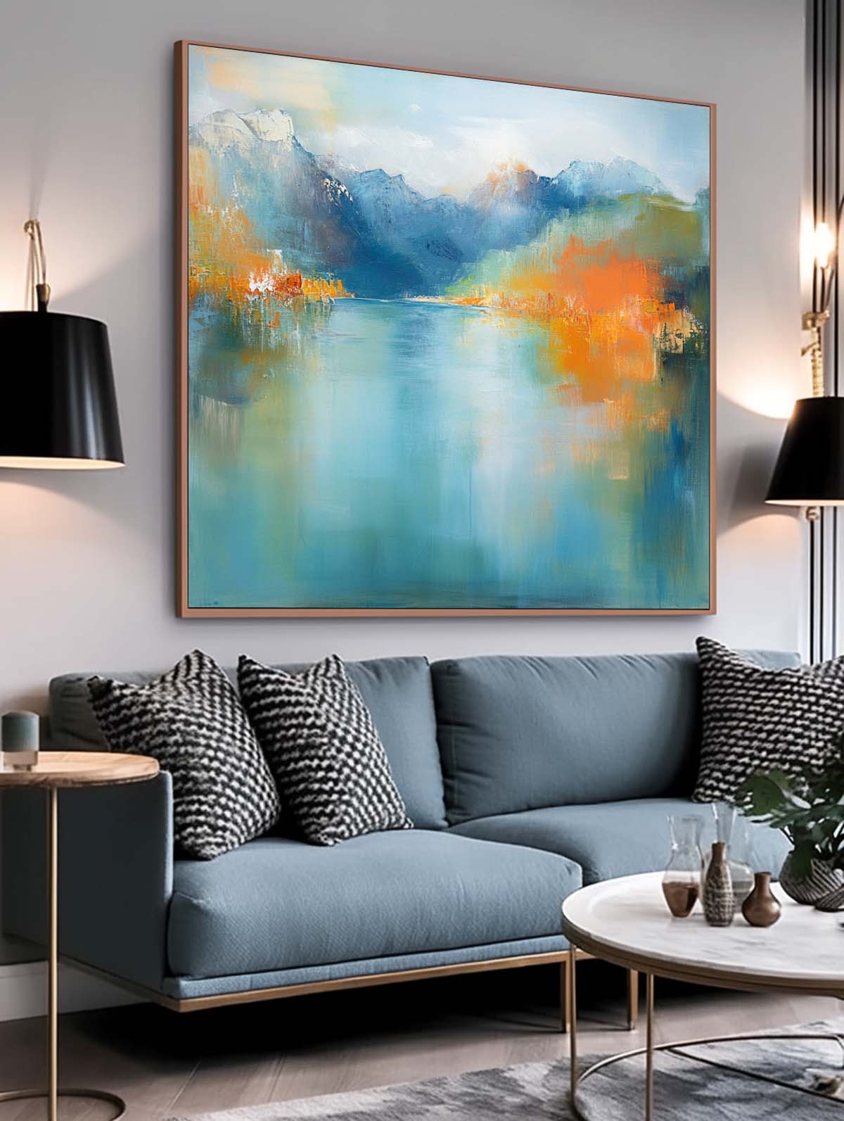 Ink Style Texture Painting Abstract Landscape Oil Painting Modern Blue Dreamscape Lake Natural Artwork