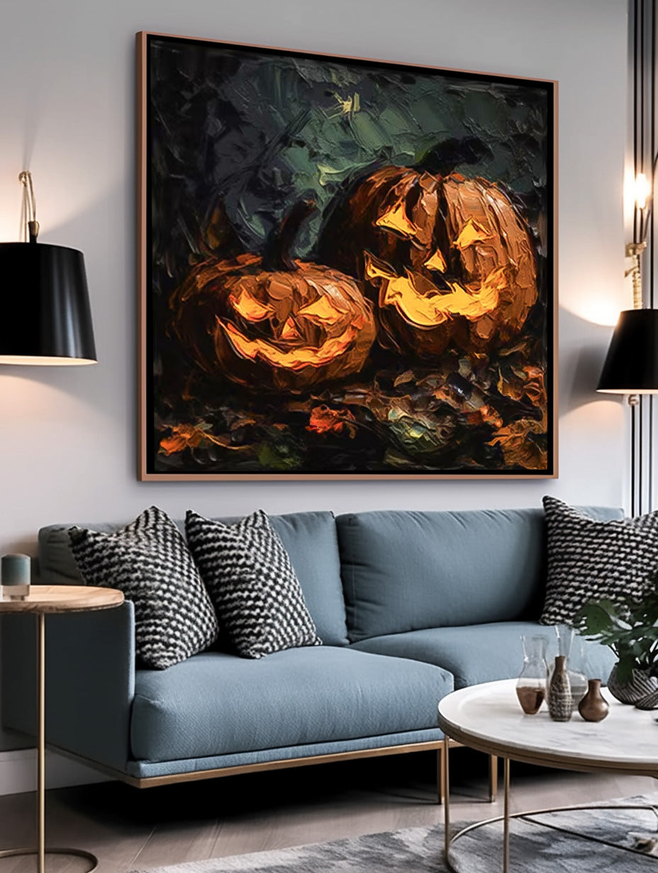 Large Pumpkin Head Square Texture Abstract Wall Art Framed Modern Abstract Canvas Painting Holiday Decorations