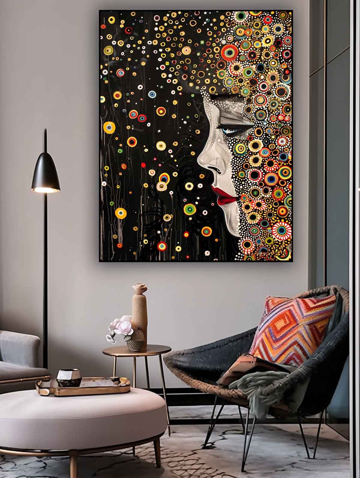 Large Figure Painting Original Gold Women Face Wall Art Minimalism Colorful Abstract Boho Artwork Gift