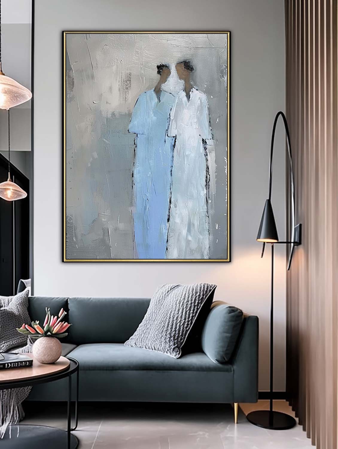 Blue Abstract Oil Painting Canvas Original Portrait Wall Art Minimalism Figure Acrylic Painting Home Decor