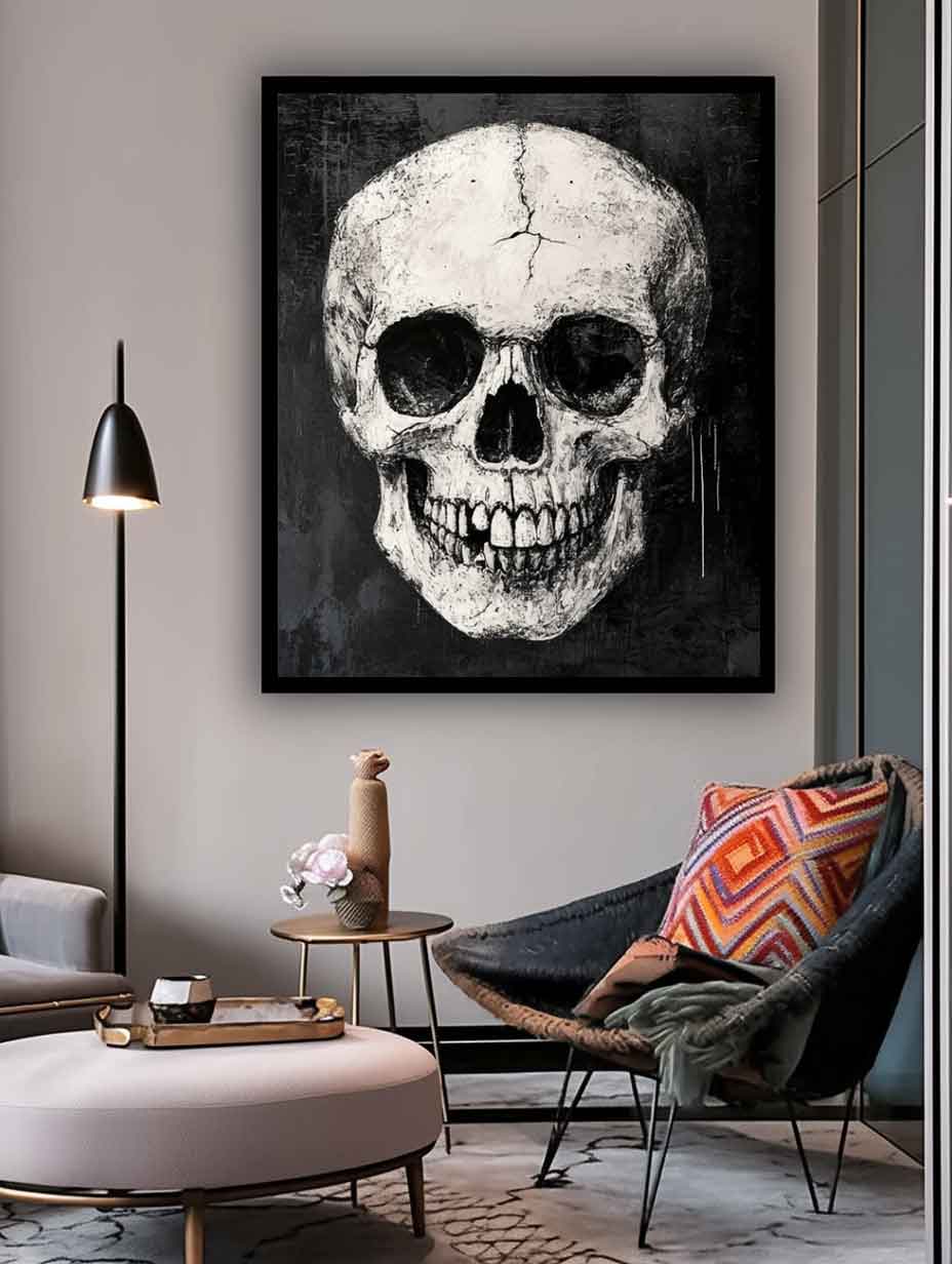 Original Abstract Wall Art Skeleton Painting Cool Tones Large Acrylic Painting Framed Black Gothic Home Decor Artwork