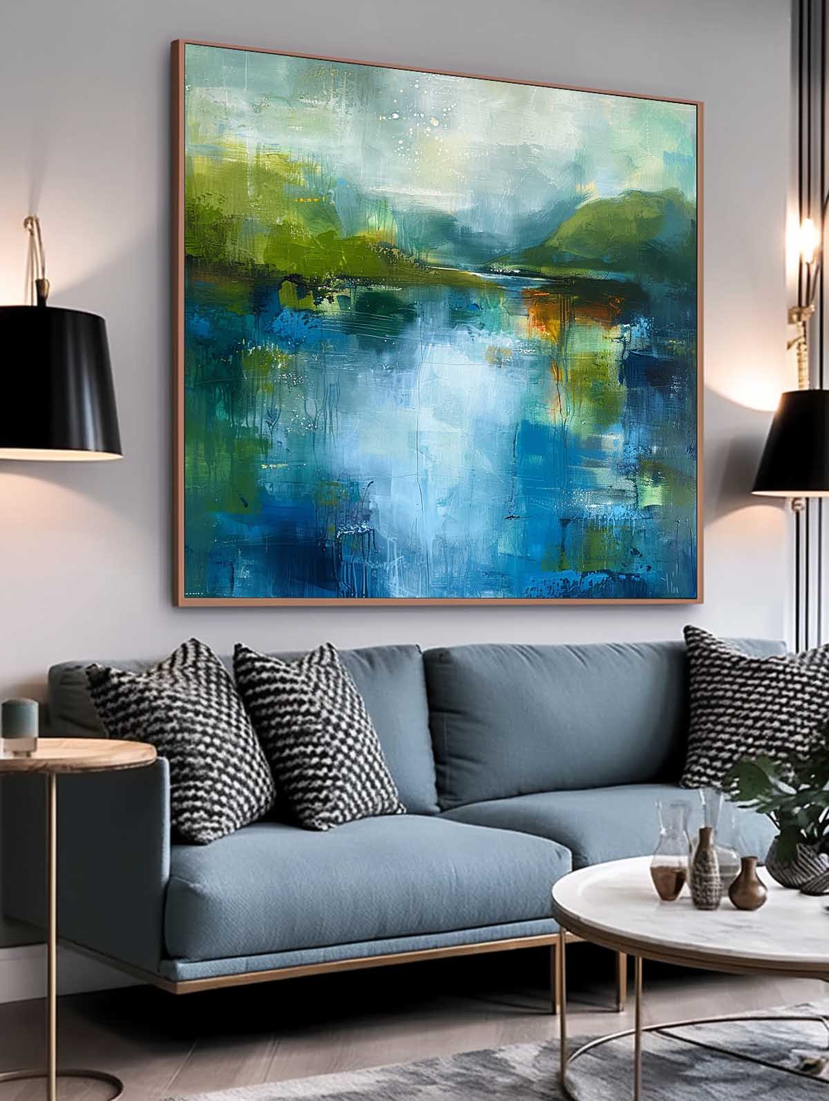 Square Modern Nature Art Large Abstract Green And Blue Oil Painting On Canvas Original Wall Art Home Decor