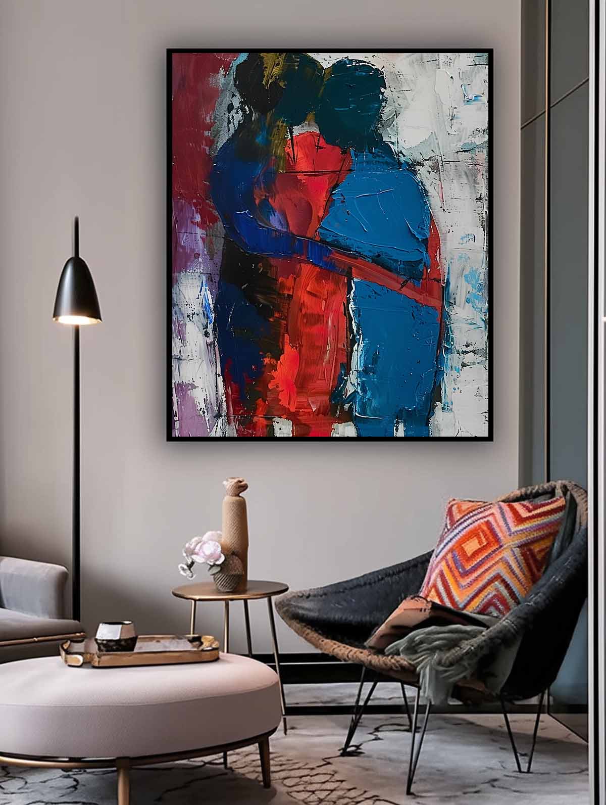 Original Abstract Embrace Wall Art Character Outline Painting Big Human Painting Framed Dark Series Artwork