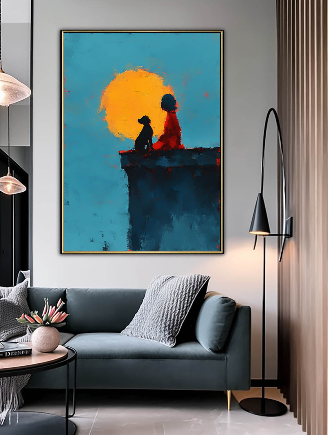 Minimalist Girl And Dog Painting Meaningful Gift Abstract Sunset Canvas Impressionist Textured Fine Art