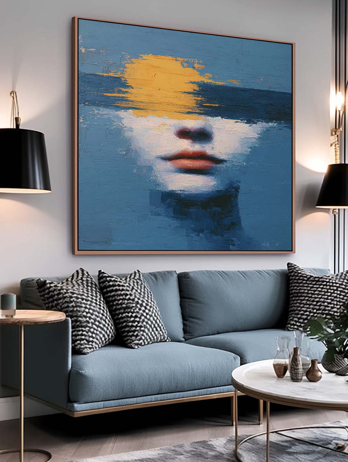 Abstract Soulful Face In Ocean Waves Oil Canvas Calming Blue-Yellow Wall Art For Boho Minimalist Home Decor