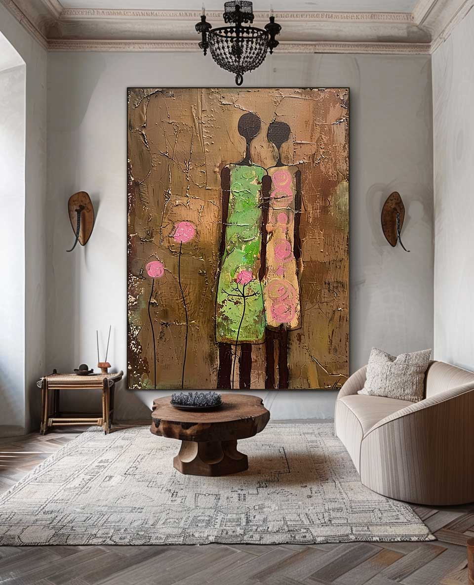 Original Colorful Silhouettes Wall Art Cute Brown Large Figure Painting Abstract Artwork For Living Room