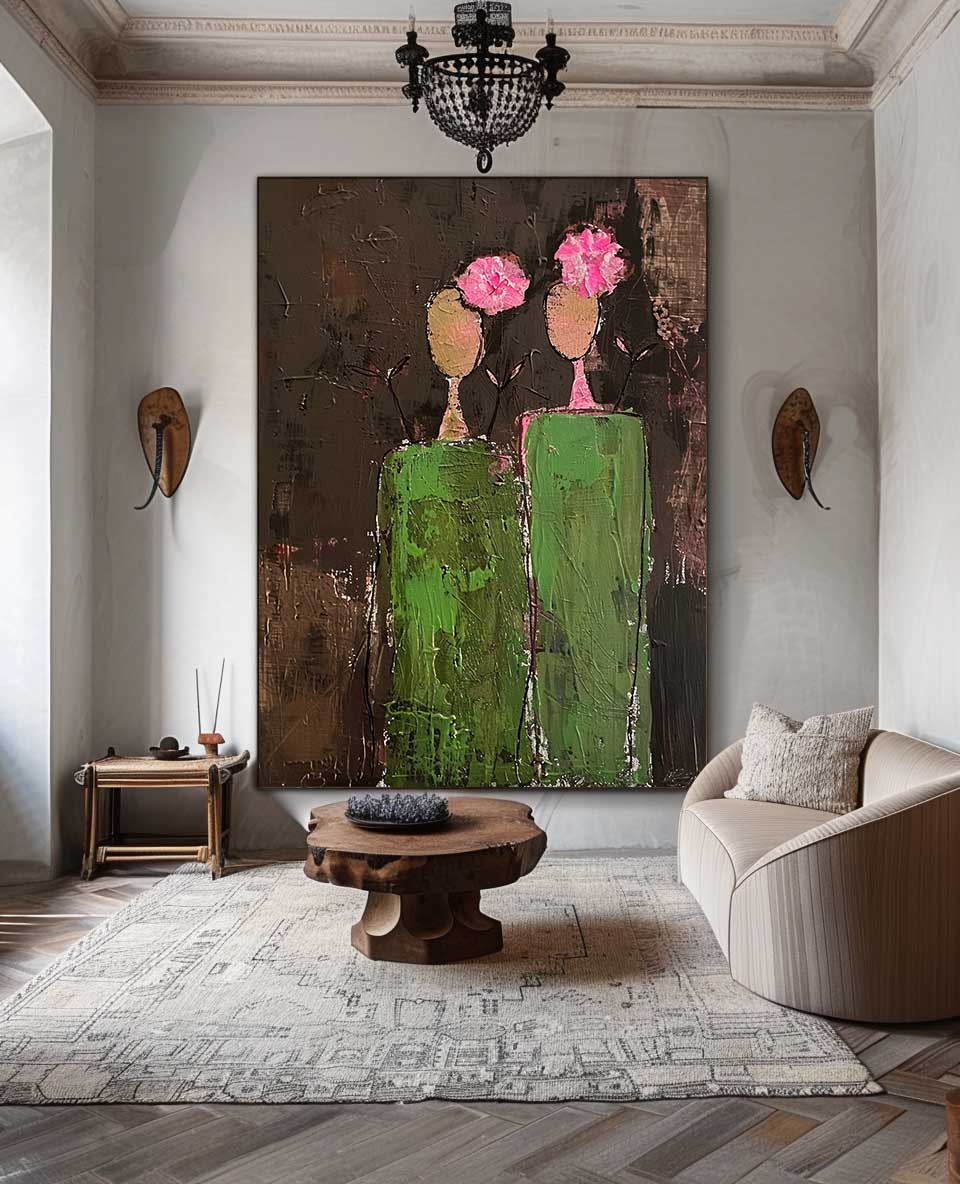 Dark Brown Large Flower Figure Painting Original Green Silhouettes Wall Art Abstract Artwork Home Decor