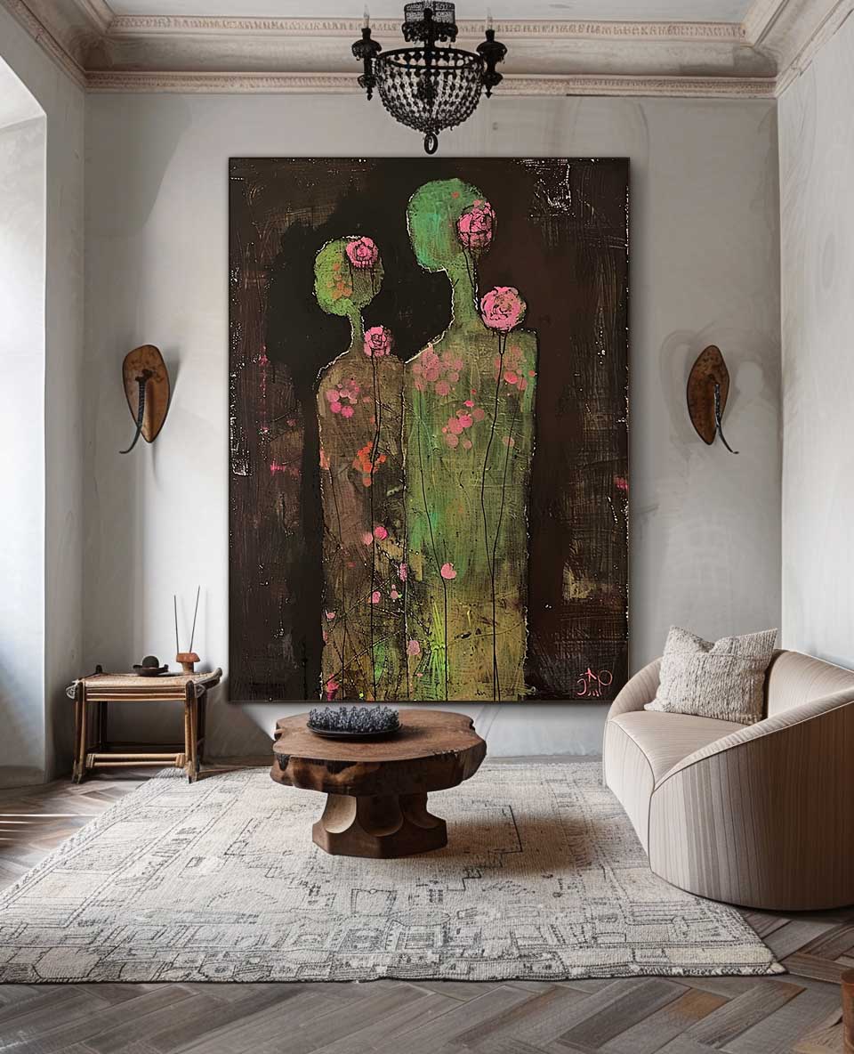 Original Colorful Silhouettes Wall Art Dark Brown Large Flower Figure Painting Abstract Artwork Home Decor