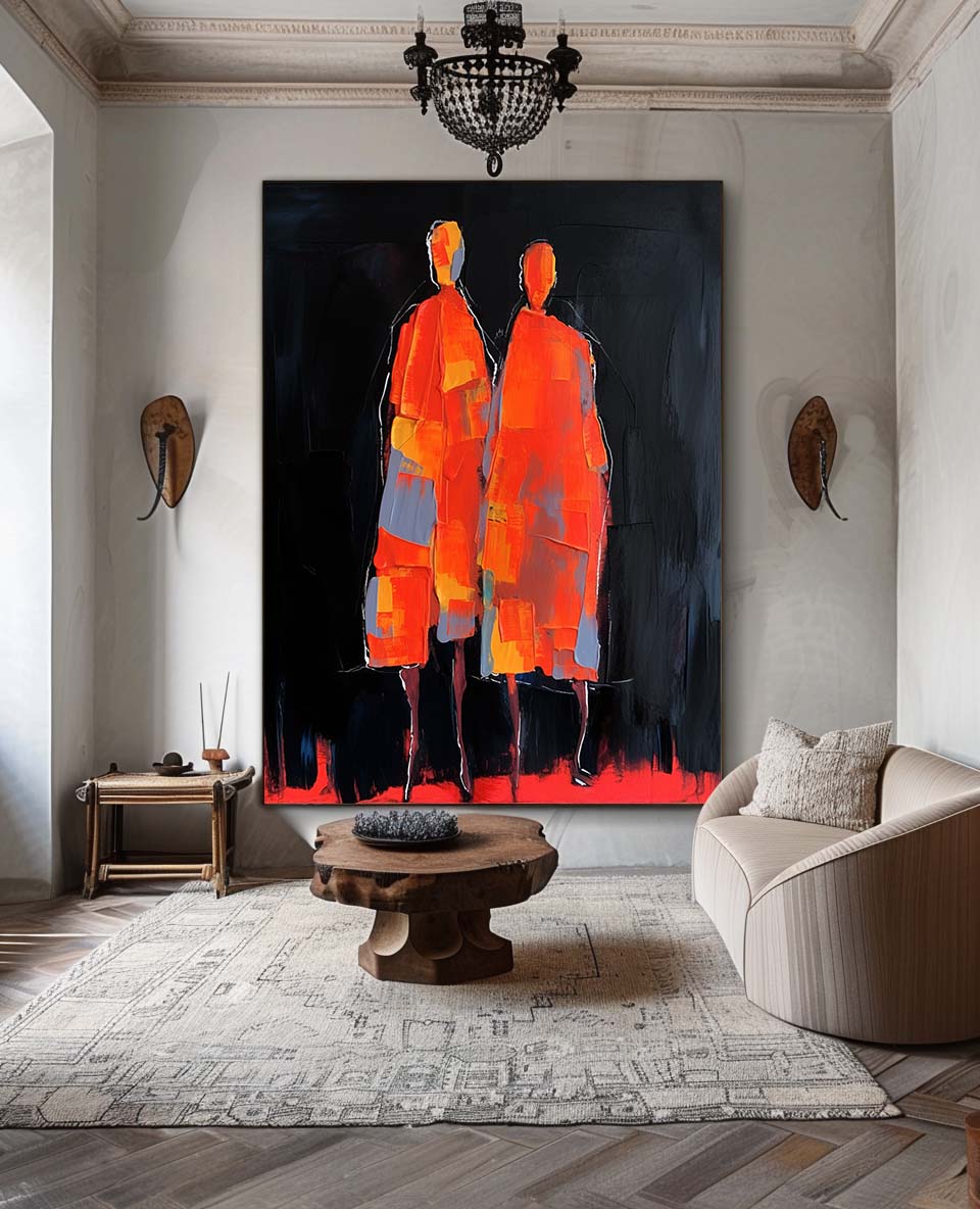 Big Contour Acrylic Painting Warm Color Original Abstract Wall Art Character Outline Painting Framed Artwork