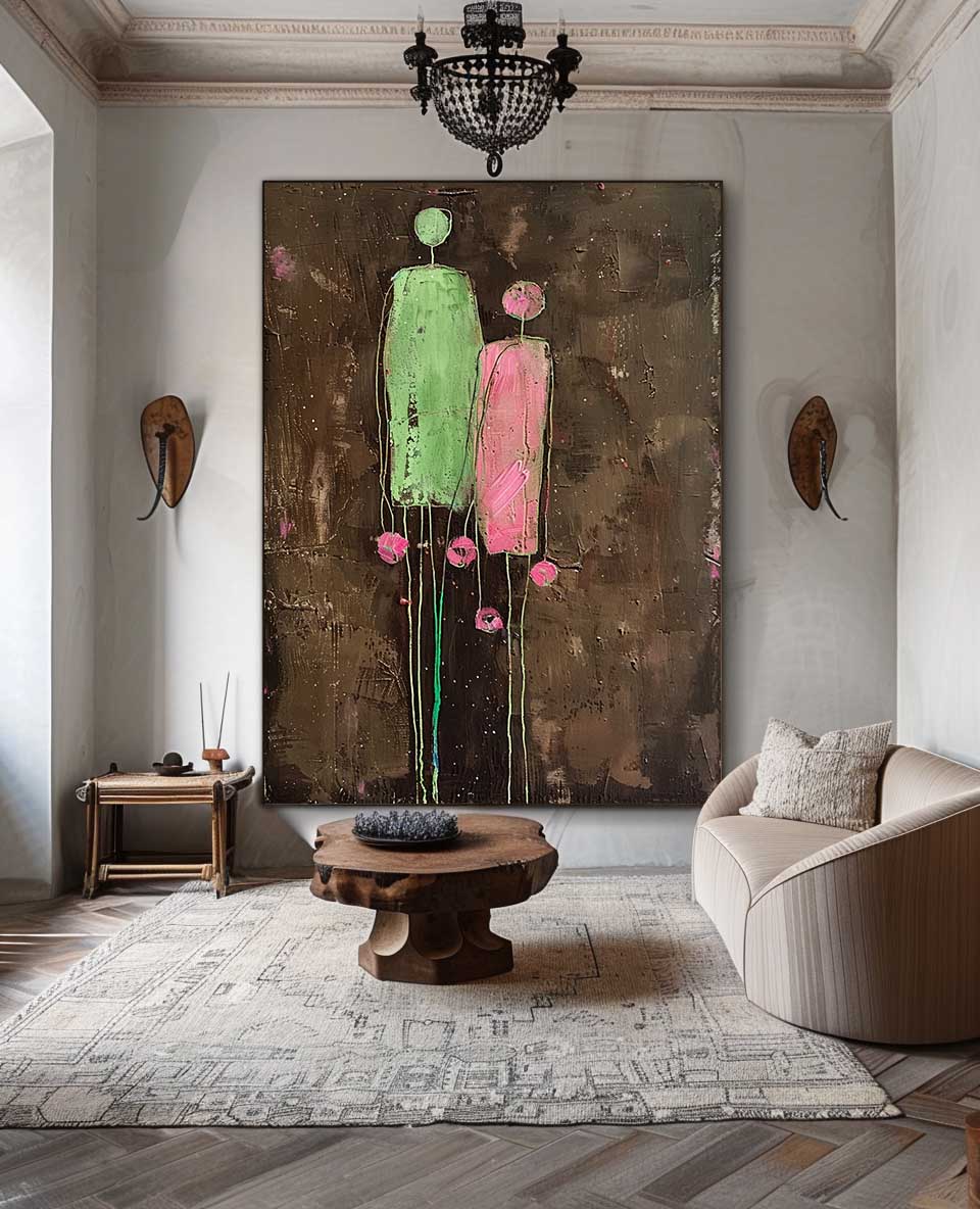Dark Brown Large Flower Figure Painting Original Green Silhouettes Wall Art Abstract Artwork Framed