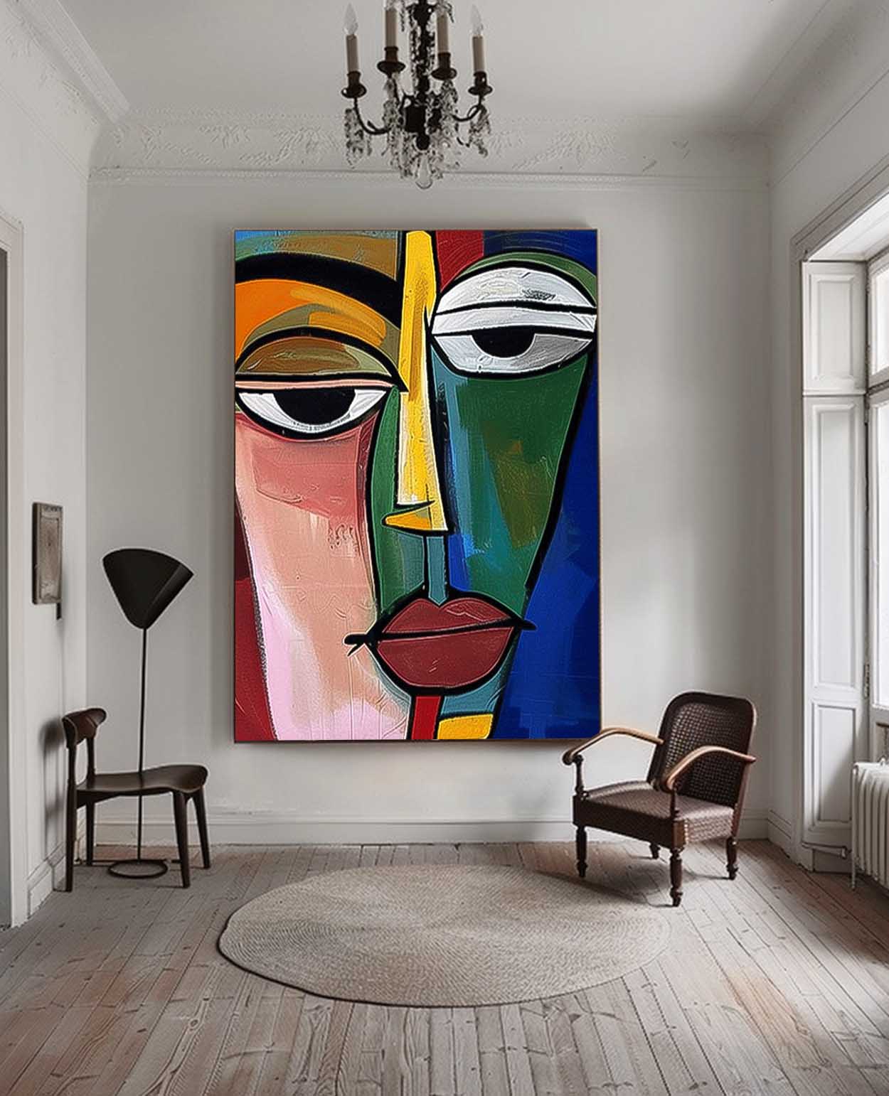 Original Colourful Bold Bright Artwork Expressive Abstract Faces Painting Modern Wall Art Home Decor