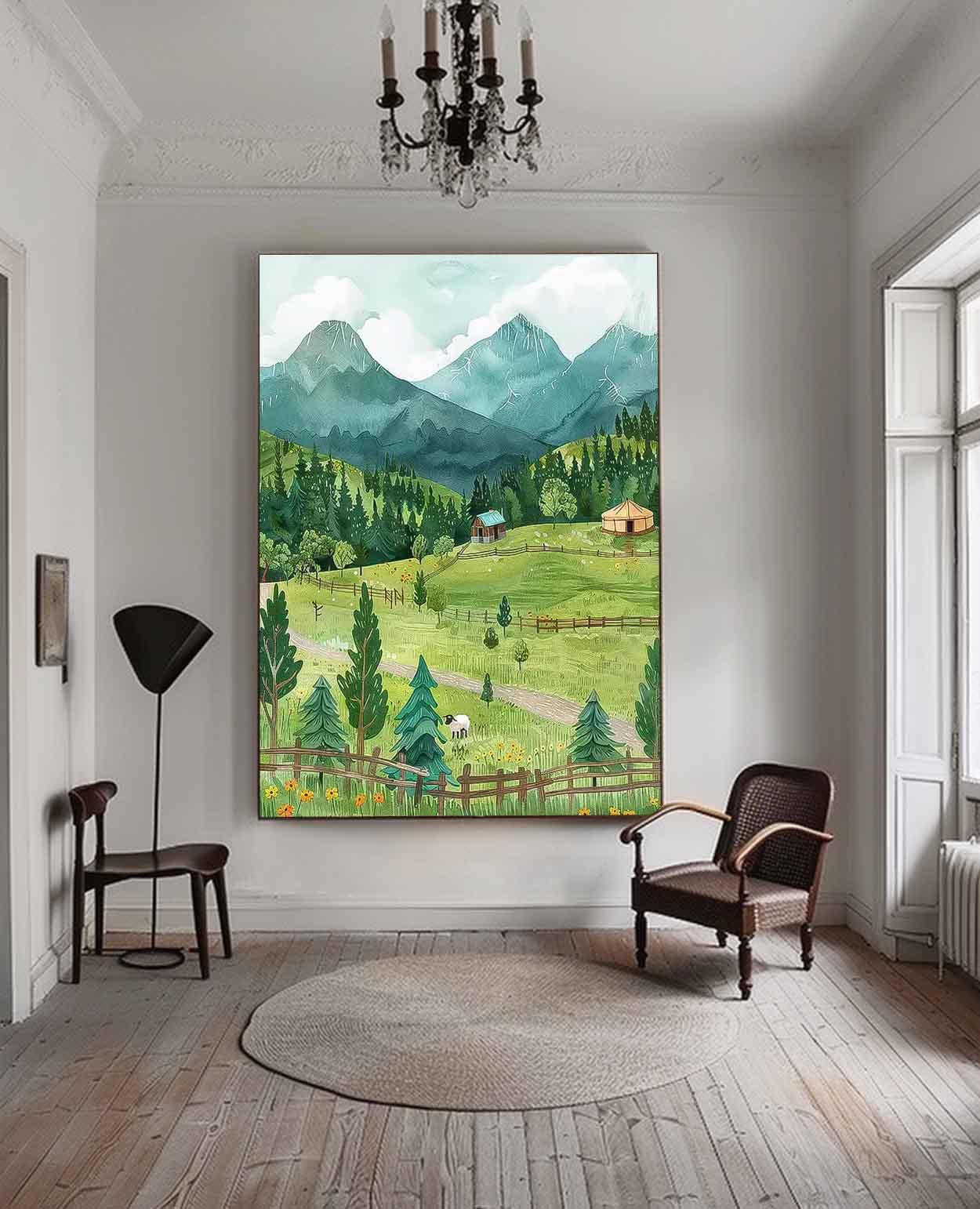 Abstract Modern Prairie Wall Art Sheep Acrylic Painting Large Landscape Oil Painting On Canvas Home Decor