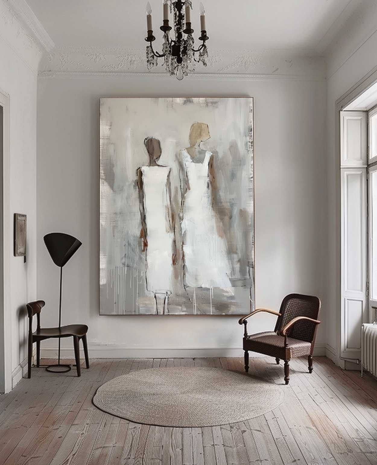 White Large Figure Painting Shadow Abstract Artwork Original Woman Silhouettes Wall Art For Living Room