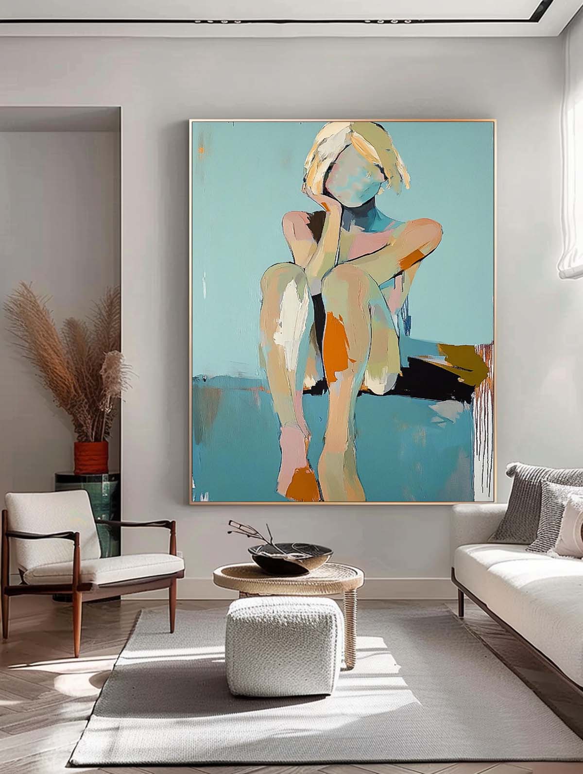 Large Faceless Portrait Painting Abstract Lady Painting Woman Face Artwork Original Wall Art Framed Home Decor