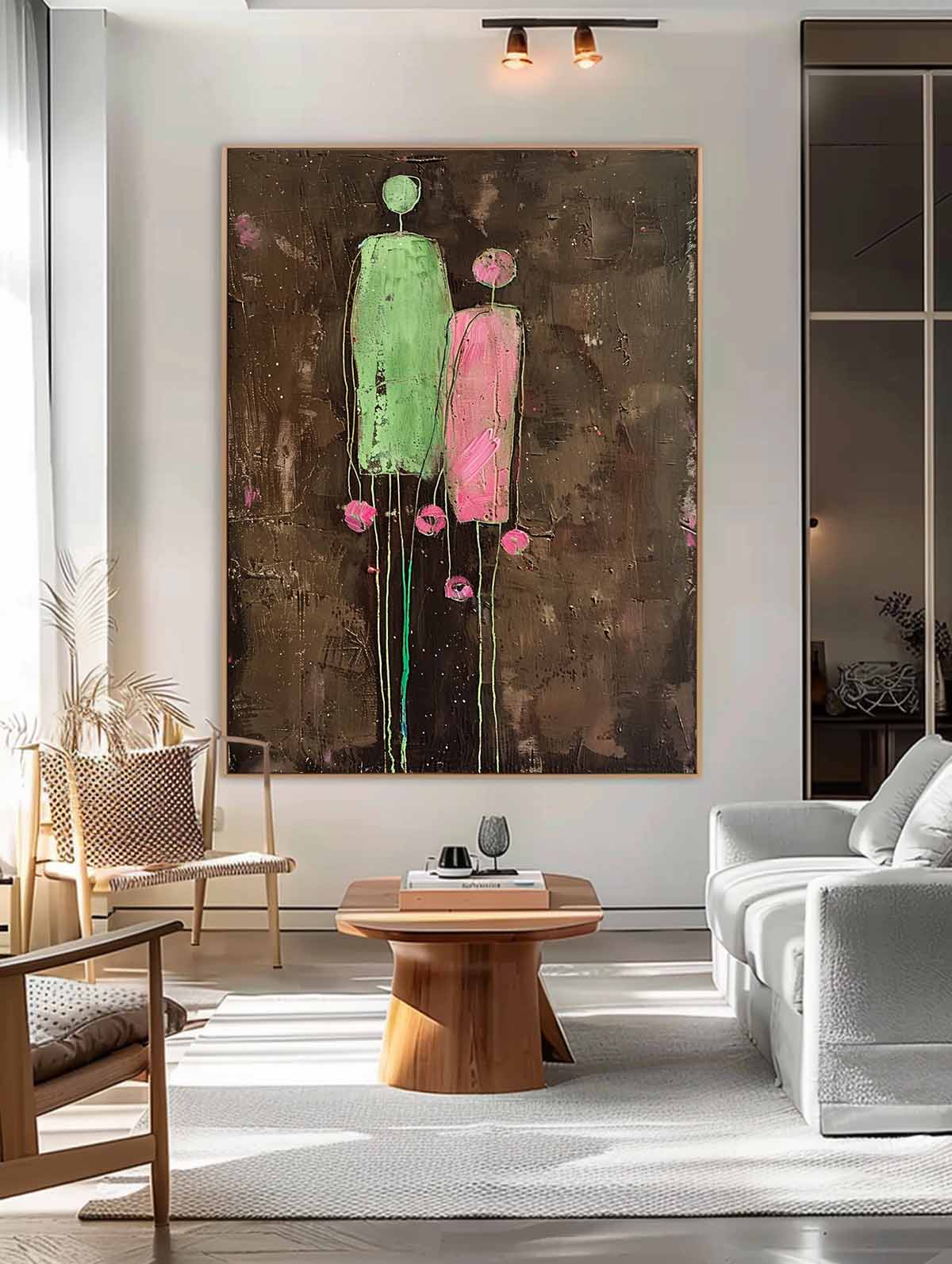 Dark Brown Large Flower Figure Painting Original Green Silhouettes Wall Art Abstract Artwork Framed