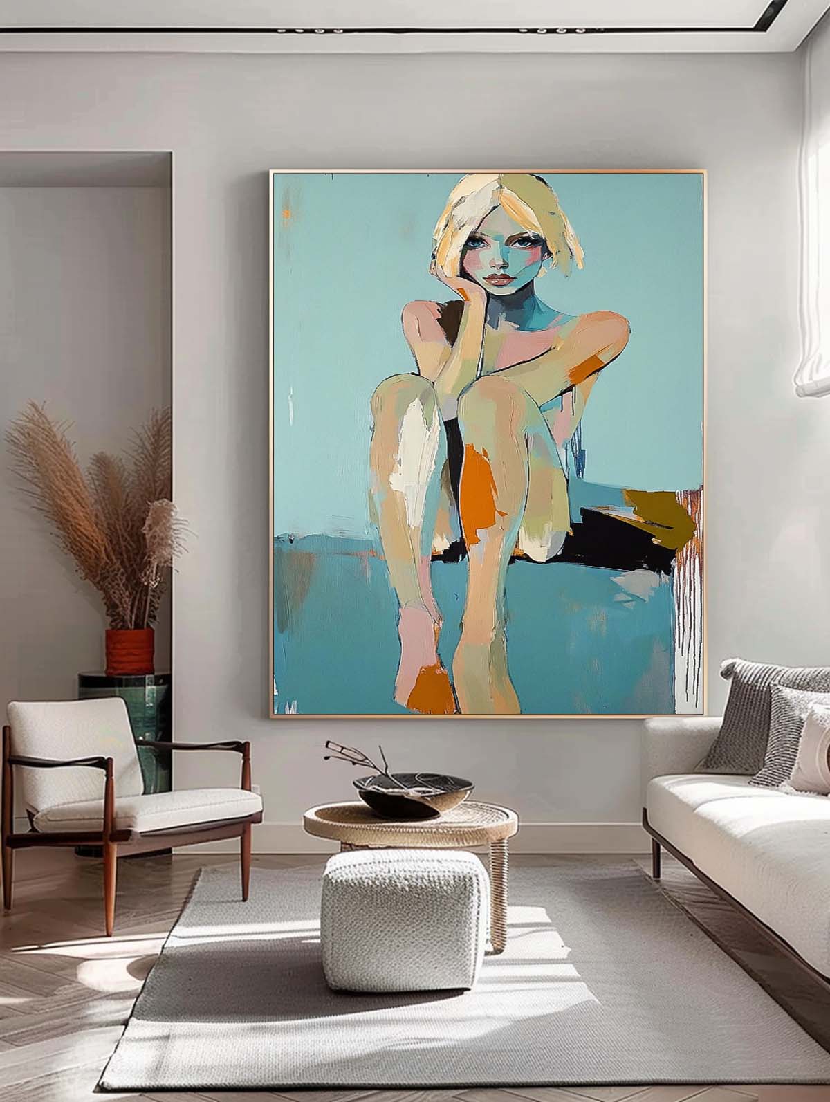 Large Girl Portrait Painting Abstract Lady Painting Woman Artwork Original Wall Art Framed Home Decor