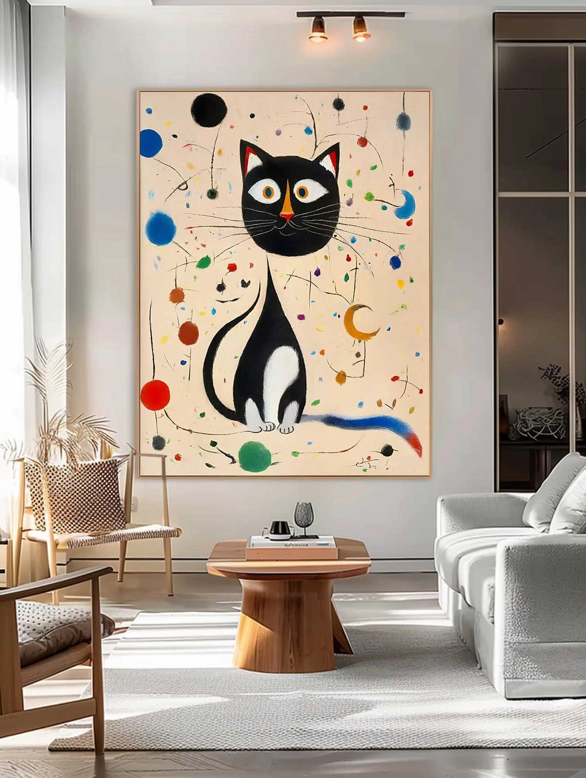 Surreal Joan Miró Style Abstract Cat Oil Painting Large Cat Pop Art Modern Cat Oil Painting Framed Artwork