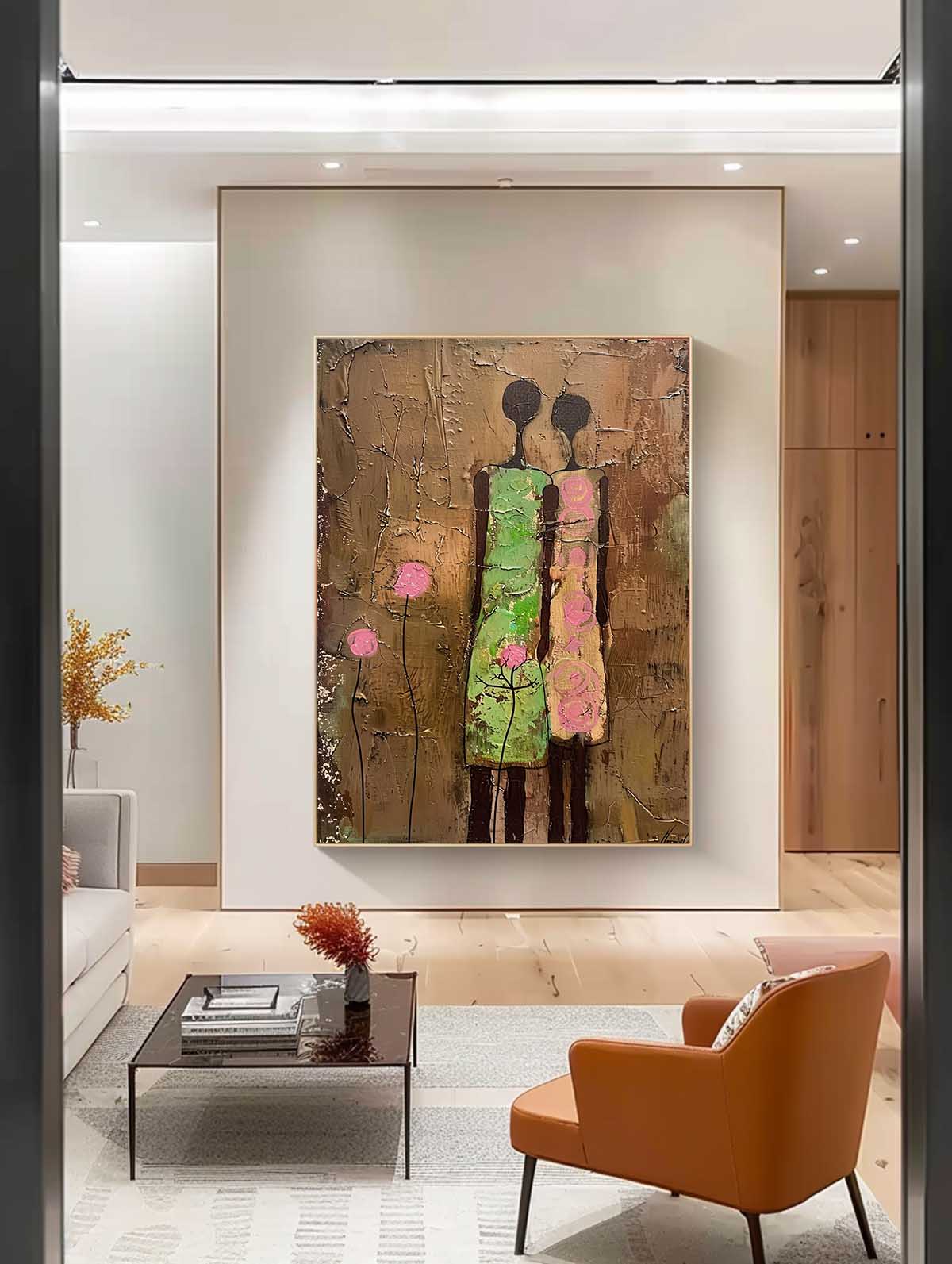 Original Colorful Silhouettes Wall Art Cute Brown Large Figure Painting Abstract Artwork For Living Room