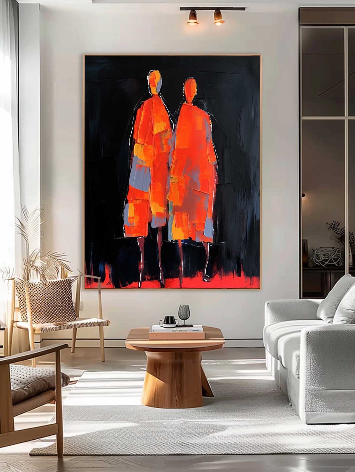 Big Contour Acrylic Painting Warm Color Original Abstract Wall Art Character Outline Painting Framed Artwork