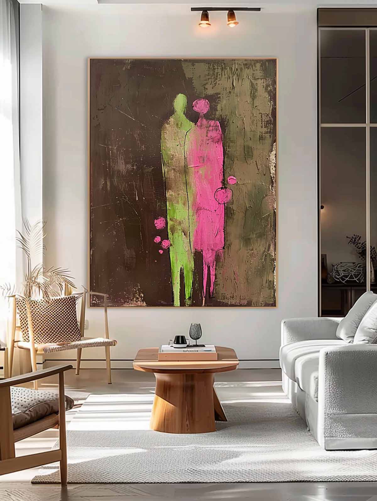 Dark Brown Large Figure Painting Original Green And Pink Silhouettes Wall Art Abstract Artwork Framed