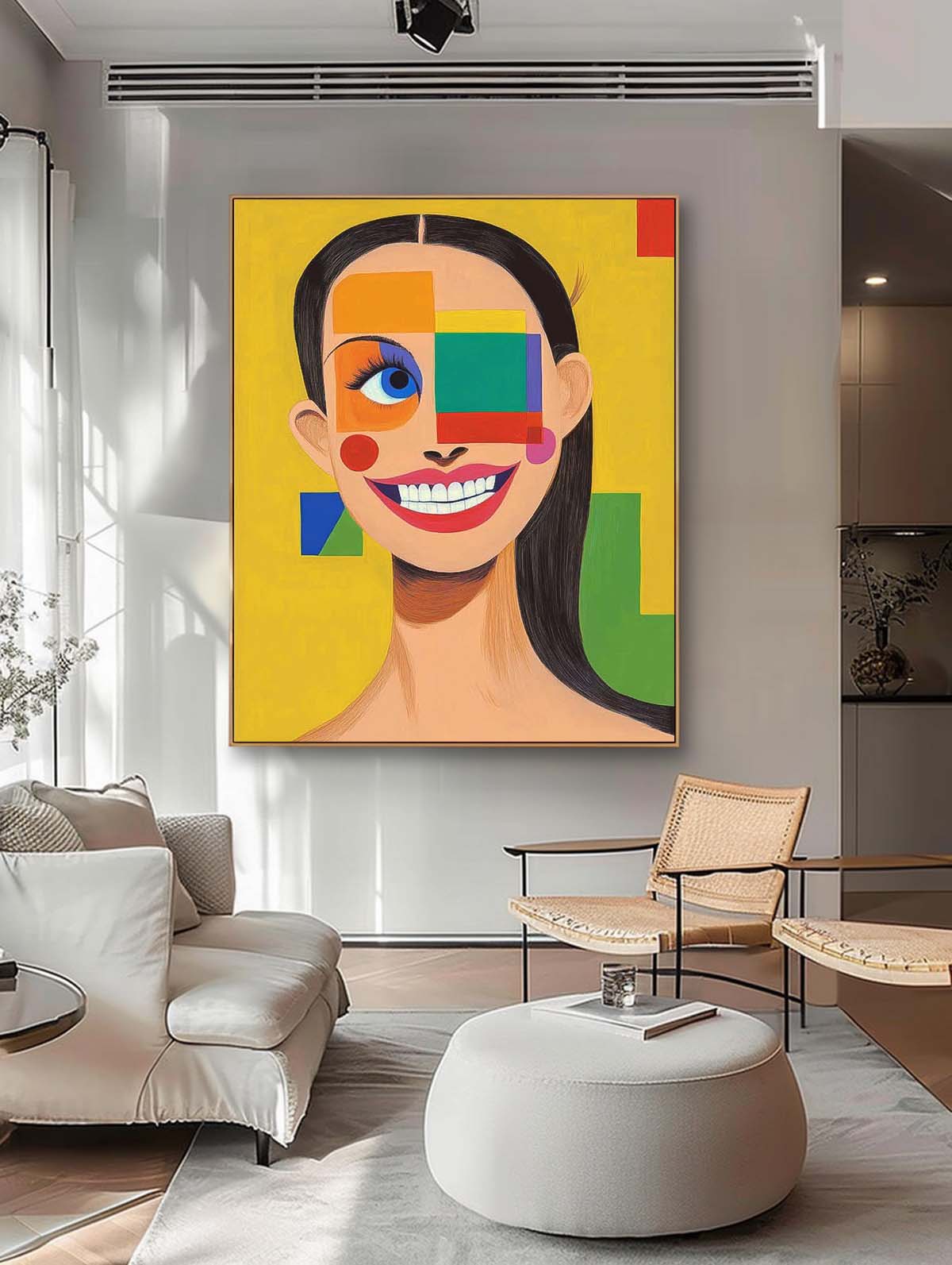 Abstract Geometric Face Oil Painting On Canvas Original Texture Girl Wall Art Lady Contemporary Artwork