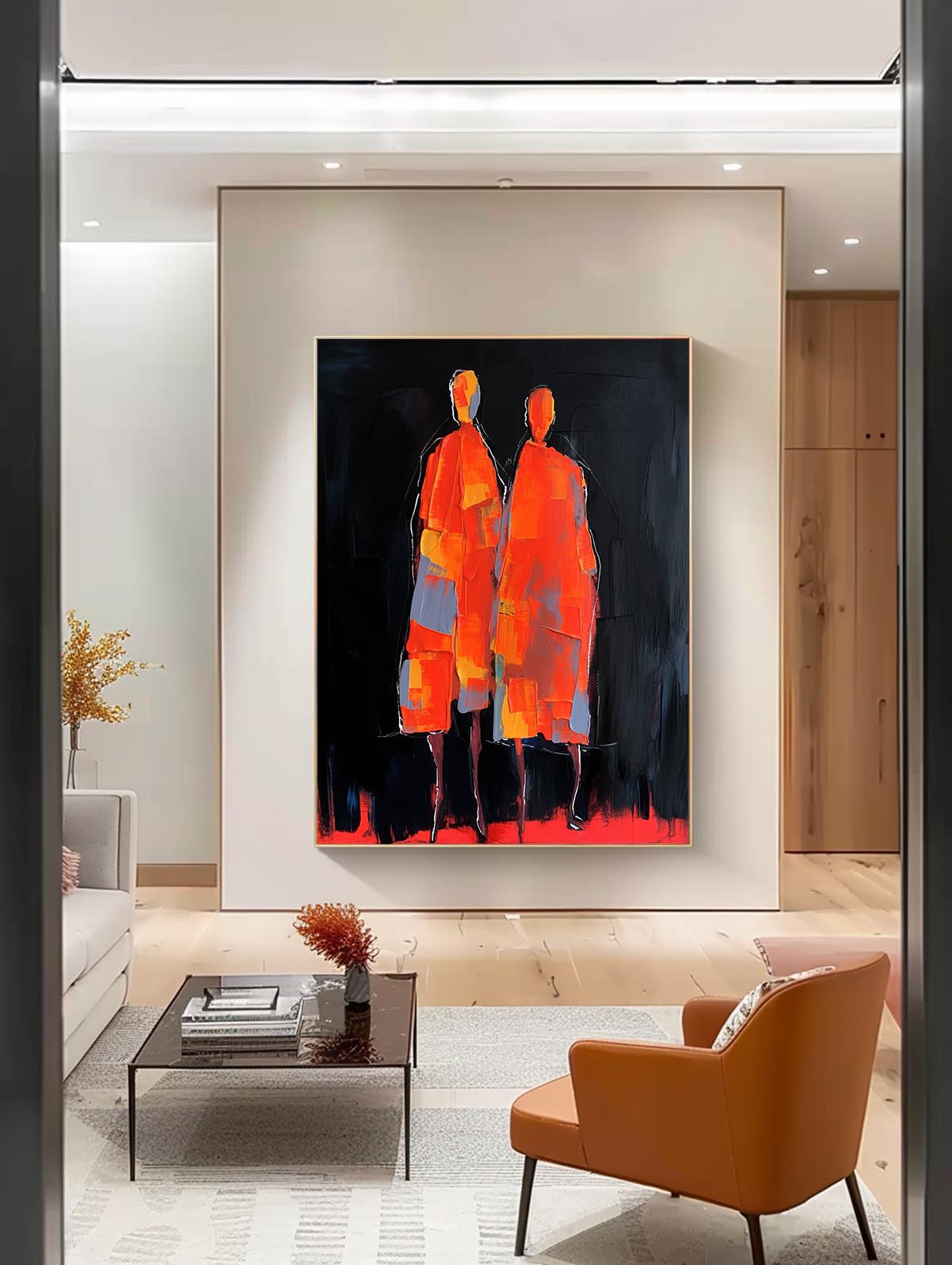 Big Contour Acrylic Painting Warm Color Original Abstract Wall Art Character Outline Painting Framed Artwork