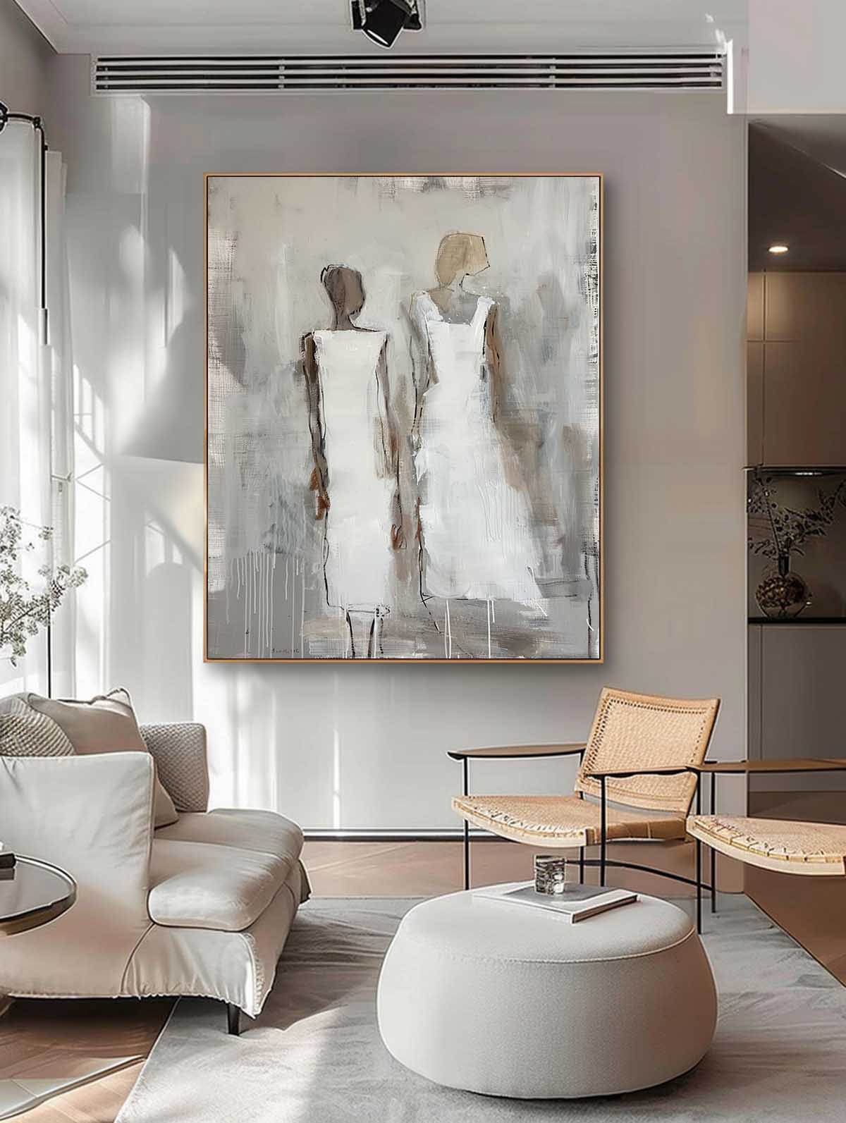 White Large Figure Painting Shadow Abstract Artwork Original Woman Silhouettes Wall Art For Living Room