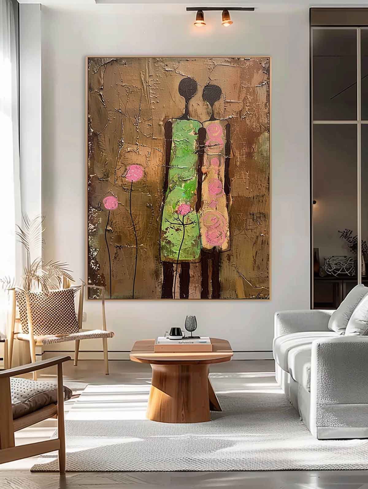 Original Colorful Silhouettes Wall Art Cute Brown Large Figure Painting Abstract Artwork For Living Room