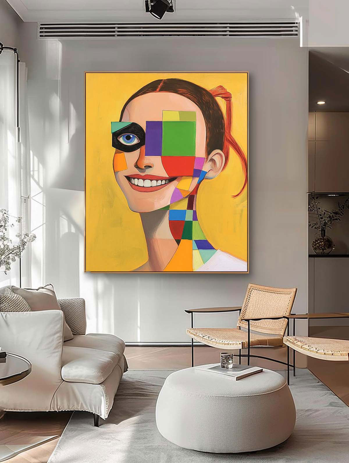 Original Texture Girl Wall Art Abstract Geometric Face Oil Painting On Canvas Lady Contemporary Artwork